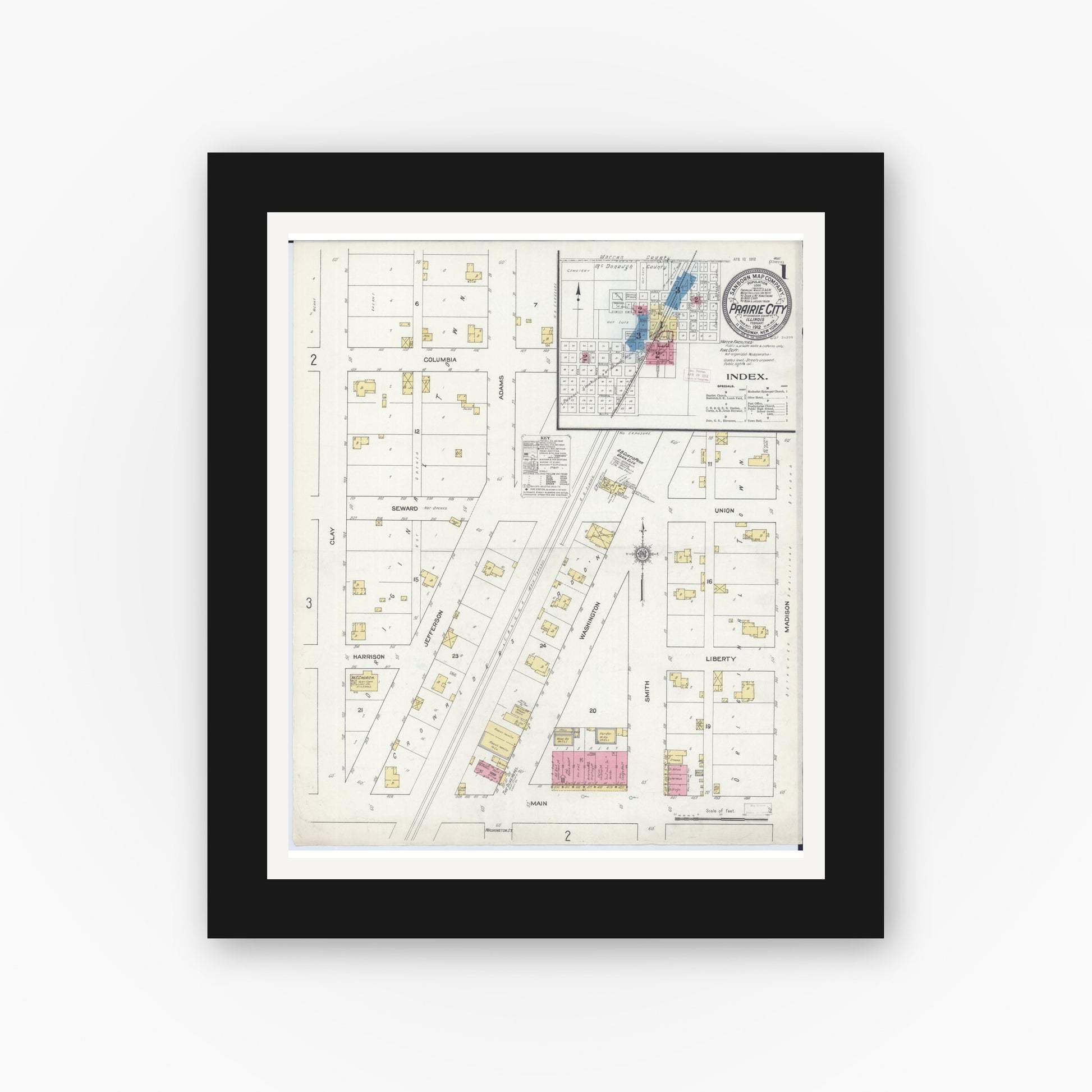 Old map wall art mockup — black gallery frame with white mat — Sanborn Fire Insurance Map from Prairie City, Mcdonough County, Illinois (1912), Sheet #0001