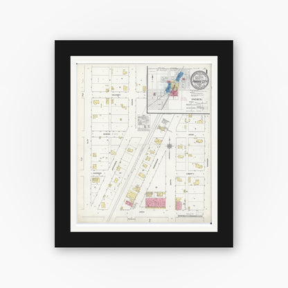Old map wall art mockup — black gallery frame with white mat — Sanborn Fire Insurance Map from Prairie City, Mcdonough County, Illinois (1912), Sheet #0001