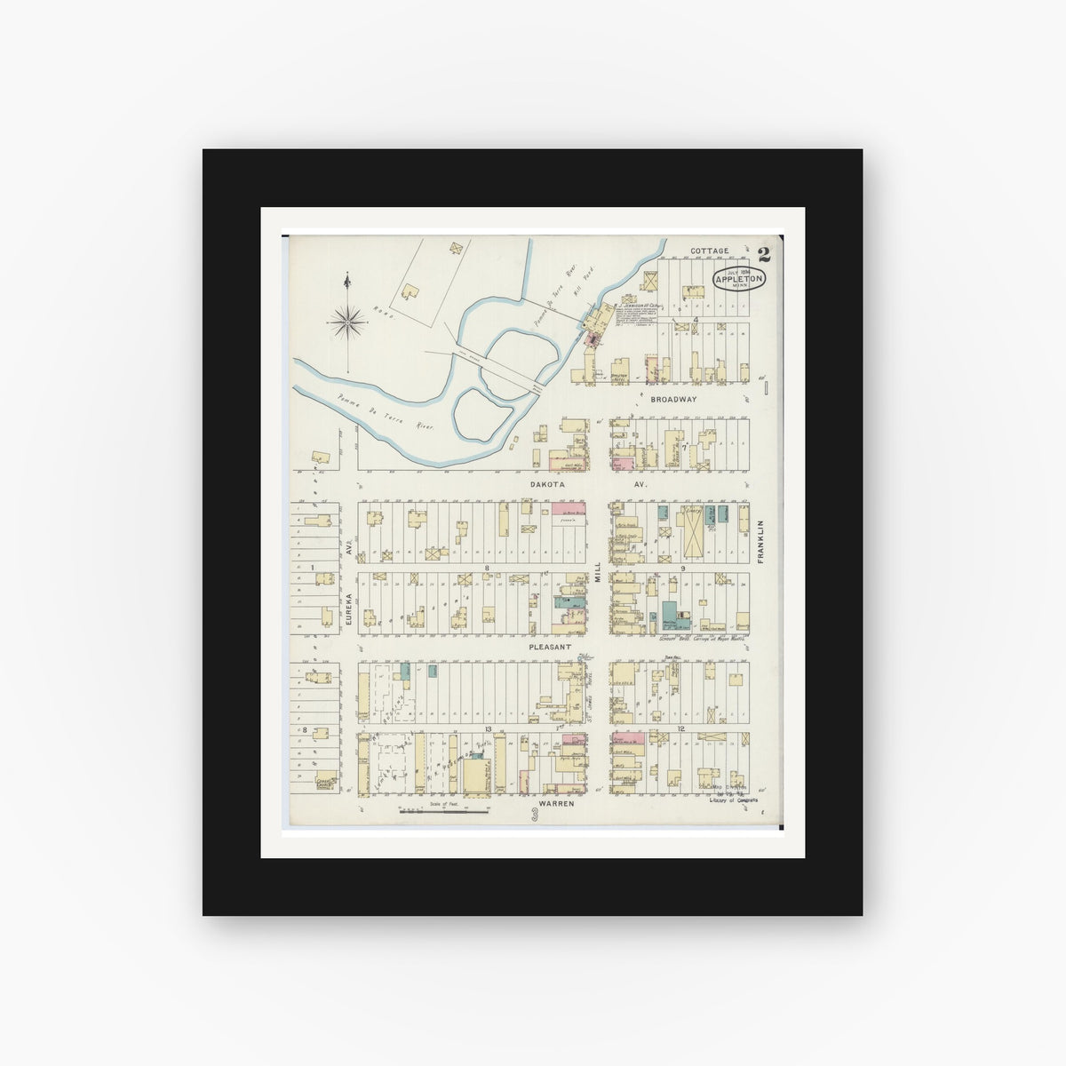 Old map wall art mockup — black gallery frame with white mat — Sanborn Fire Insurance Map from Appleton, Swift County, Minnesota (1894), Sheet #0002