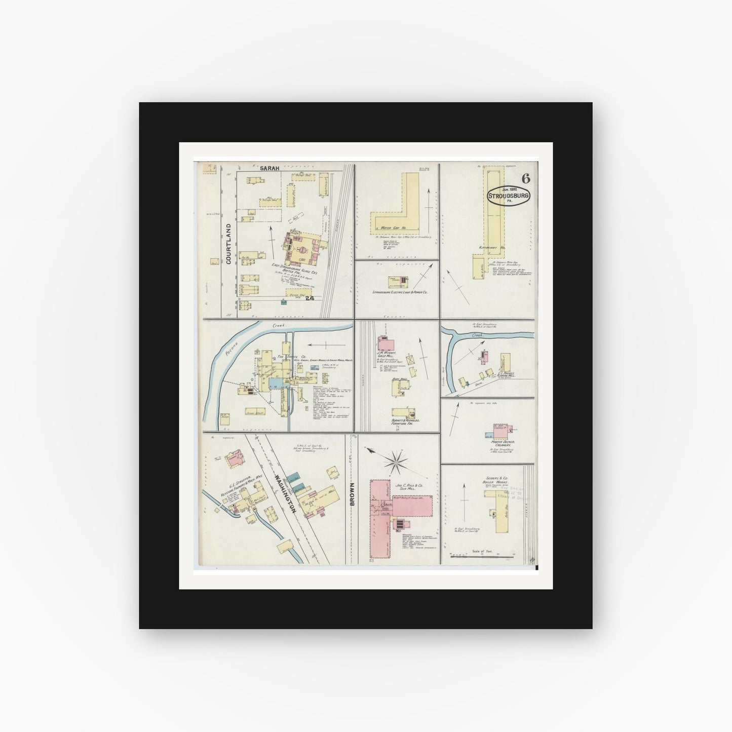 Old map wall art mockup — black gallery frame with white mat — Sanborn Fire Insurance Map from Stroudsburg, Monroe County, Pennsylvania (1892), Sheet #0006