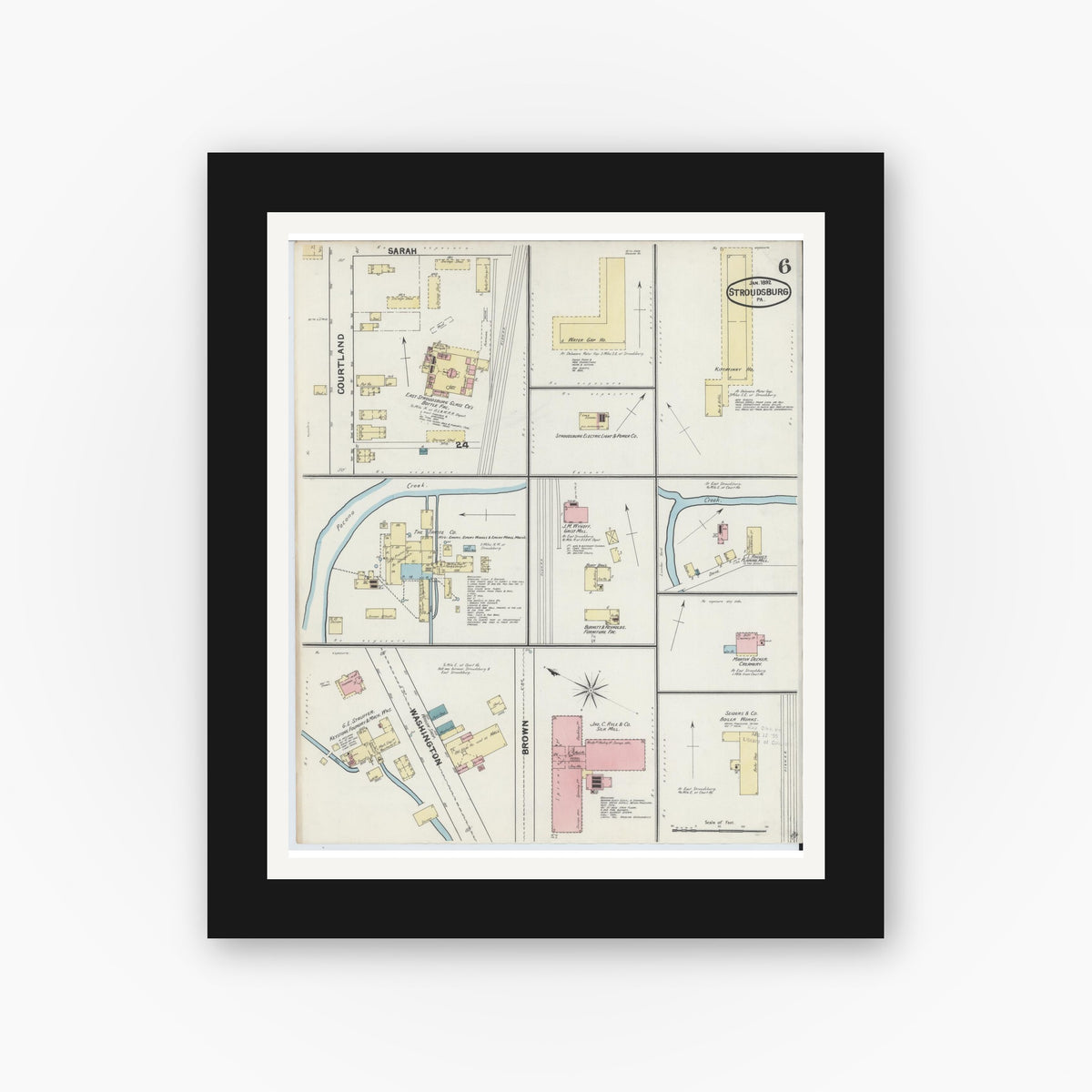 Old map wall art mockup — black gallery frame with white mat — Sanborn Fire Insurance Map from Stroudsburg, Monroe County, Pennsylvania (1892), Sheet #0006