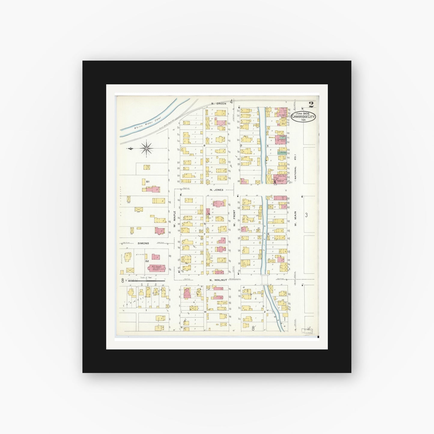 Old map wall art mockup — black gallery frame with white mat — Sanborn Fire Insurance Map from Cambridge City, Wayne County, Indiana (1908), Sheet #0002