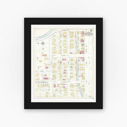Old map wall art mockup — black gallery frame with white mat — Sanborn Fire Insurance Map from Cambridge City, Wayne County, Indiana (1908), Sheet #0002