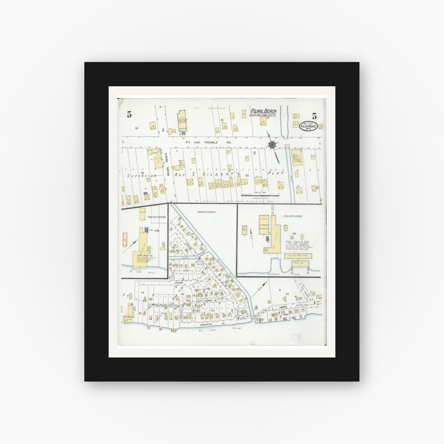 Old map wall art mockup — black gallery frame with white mat — Sanborn Fire Insurance Map from Algonac, Saint Clair County, Michigan (1924), Sheet #0005