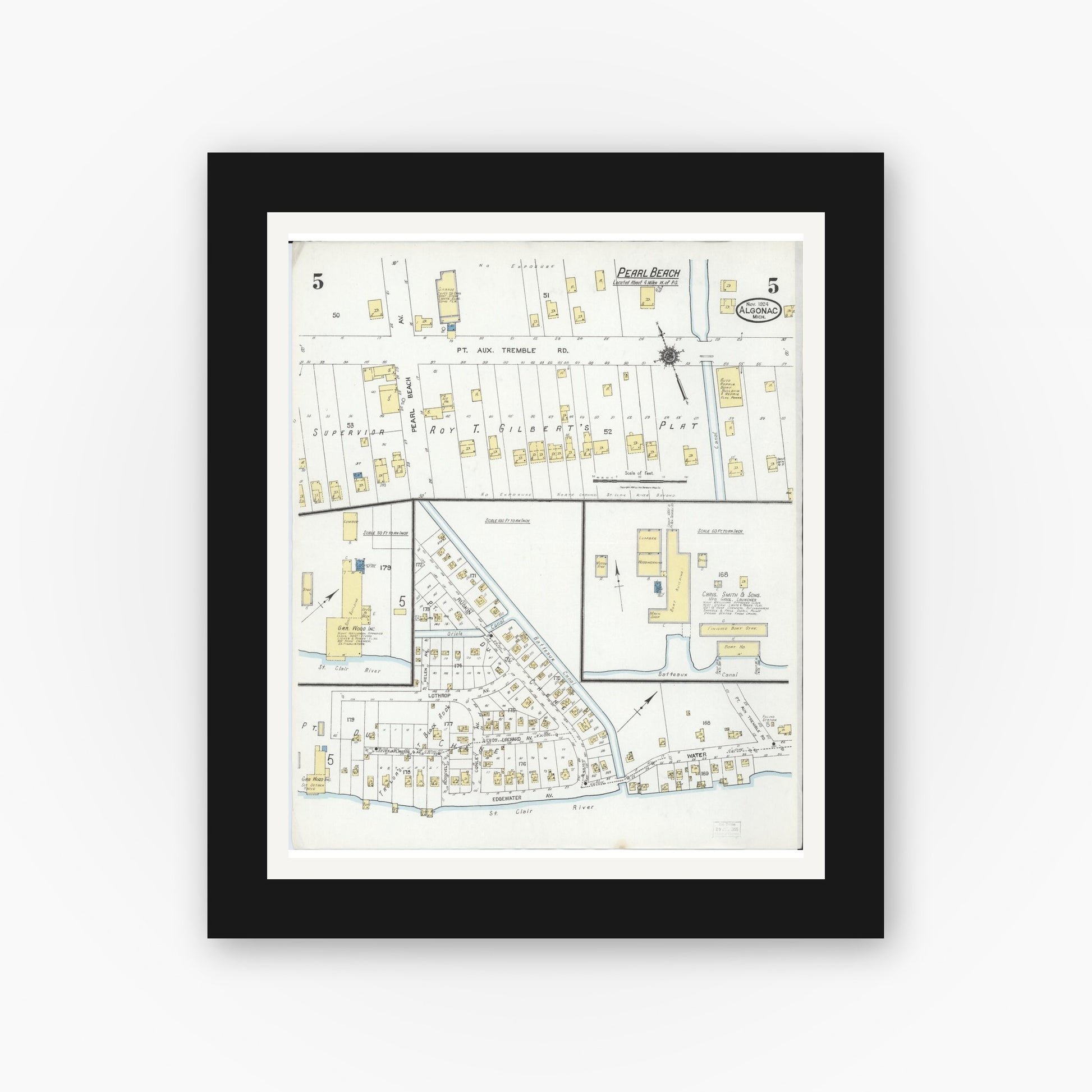 Old map wall art mockup — black gallery frame with white mat — Sanborn Fire Insurance Map from Algonac, Saint Clair County, Michigan (1924), Sheet #0005