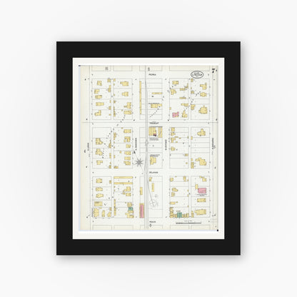 Old map wall art mockup — black gallery frame with white mat — Sanborn Fire Insurance Map from Lincoln, Logan County, Illinois (1902), Sheet #0007
