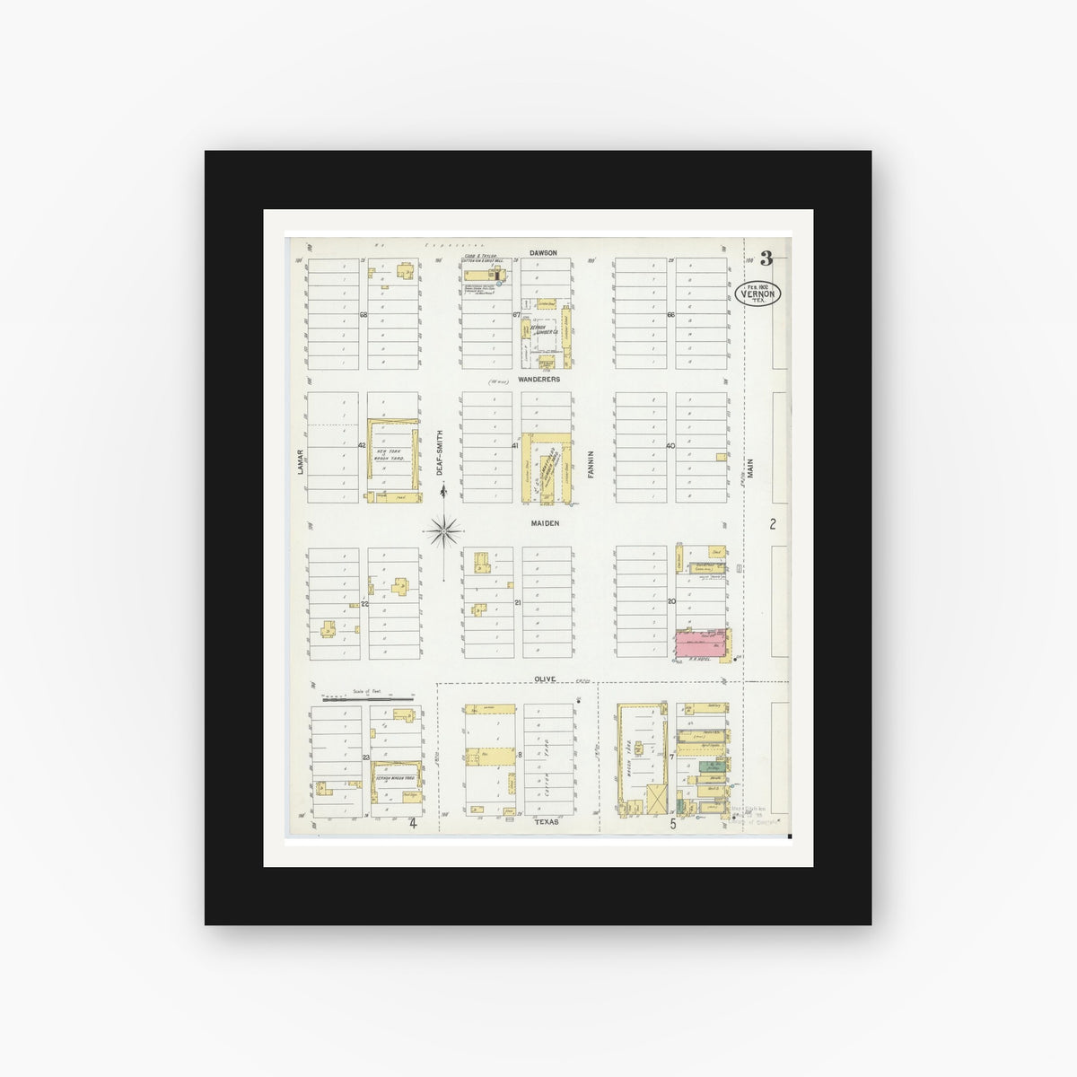 Old map wall art mockup — black gallery frame with white mat — Sanborn Fire Insurance Map from Vernon, Wilbarger County, Texas (1902), Sheet #0003
