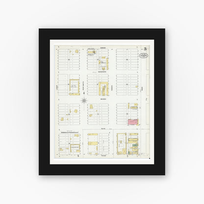 Old map wall art mockup — black gallery frame with white mat — Sanborn Fire Insurance Map from Vernon, Wilbarger County, Texas (1902), Sheet #0003