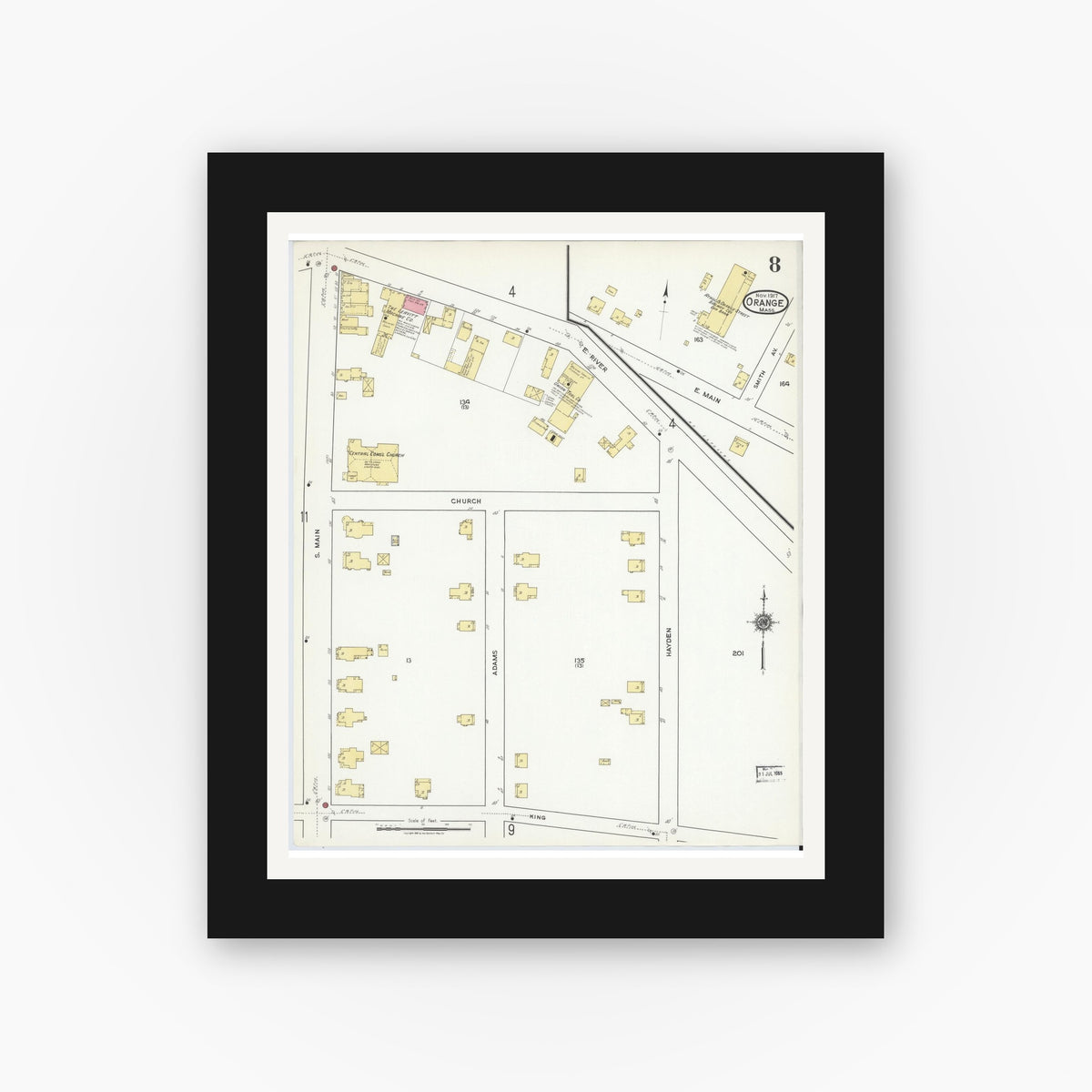 Old map wall art mockup — black gallery frame with white mat — Sanborn Fire Insurance Map from Orange, Franklin County, Massachusetts (1917), Sheet #0008