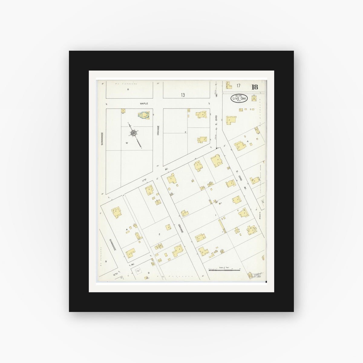 Old map wall art mockup — black gallery frame with white mat — Sanborn Fire Insurance Map from Live Oak, Suwanee County, Florida (1912), Sheet #0018