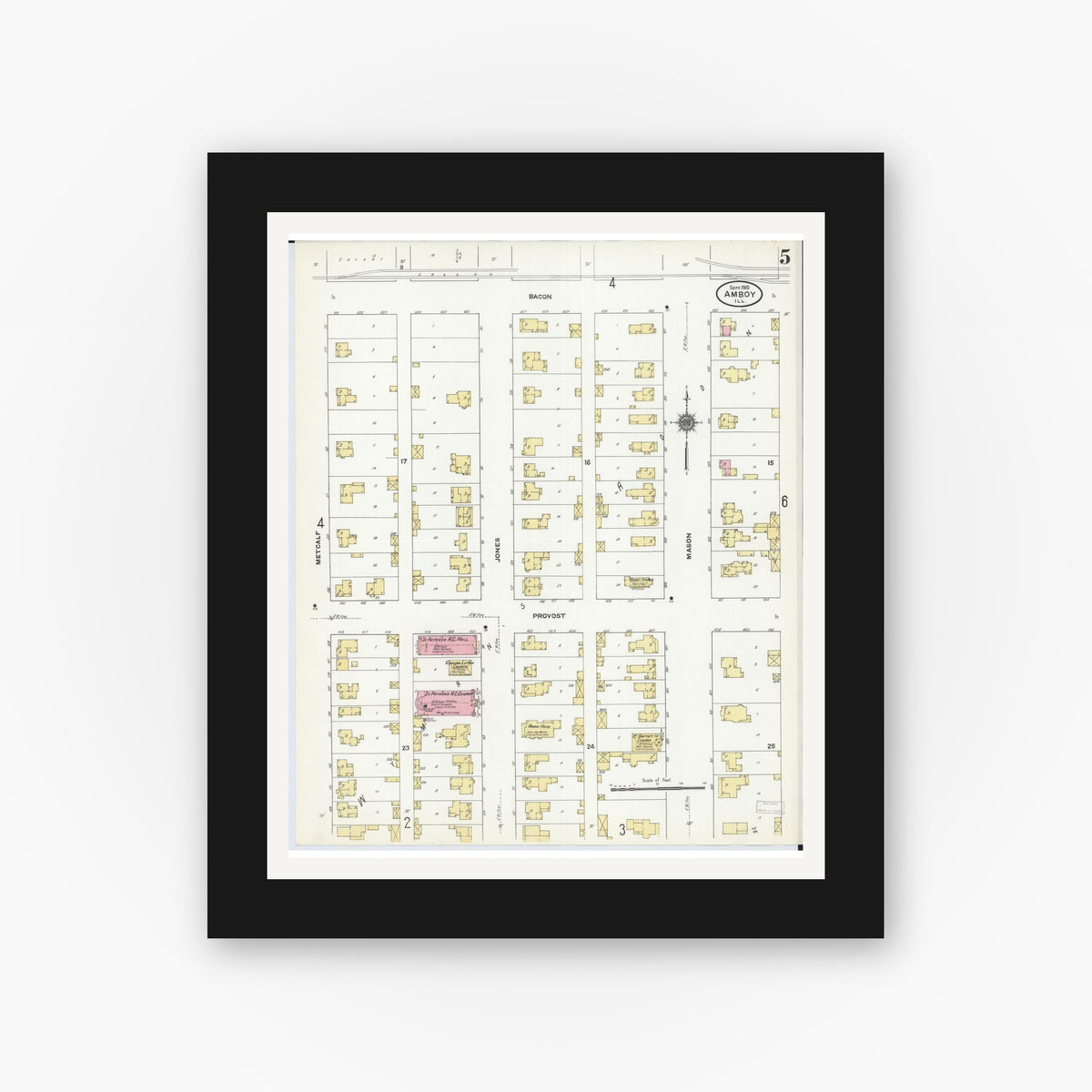 Old map wall art mockup — black gallery frame with white mat — Sanborn Fire Insurance Map from Amboy, Lee County, Illinois (1910), Sheet #0005