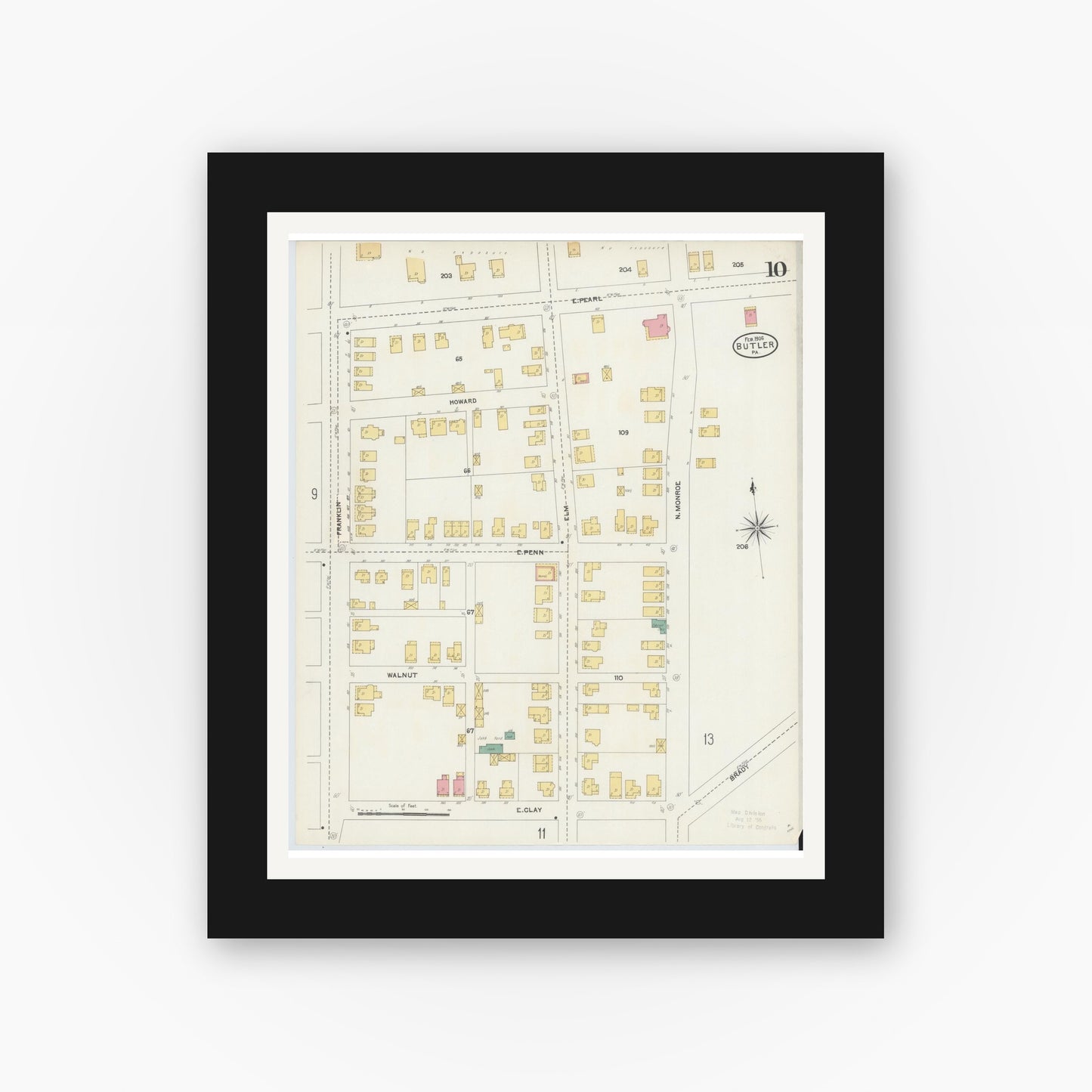 Old map wall art mockup — black gallery frame with white mat — Sanborn Fire Insurance Map from Butler, Butler County, Pennsylvania (1906), Sheet #0010