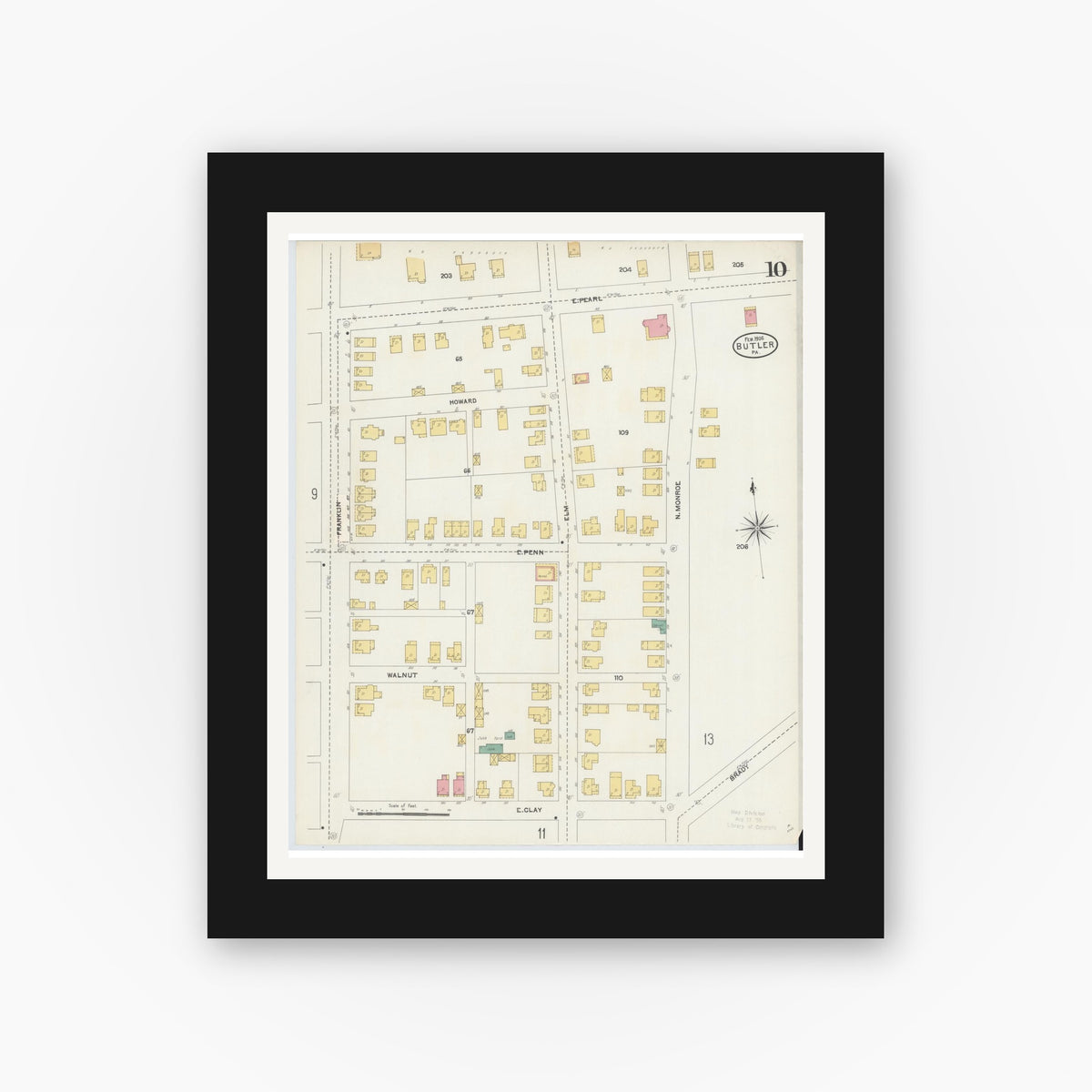 Old map wall art mockup — black gallery frame with white mat — Sanborn Fire Insurance Map from Butler, Butler County, Pennsylvania (1906), Sheet #0010