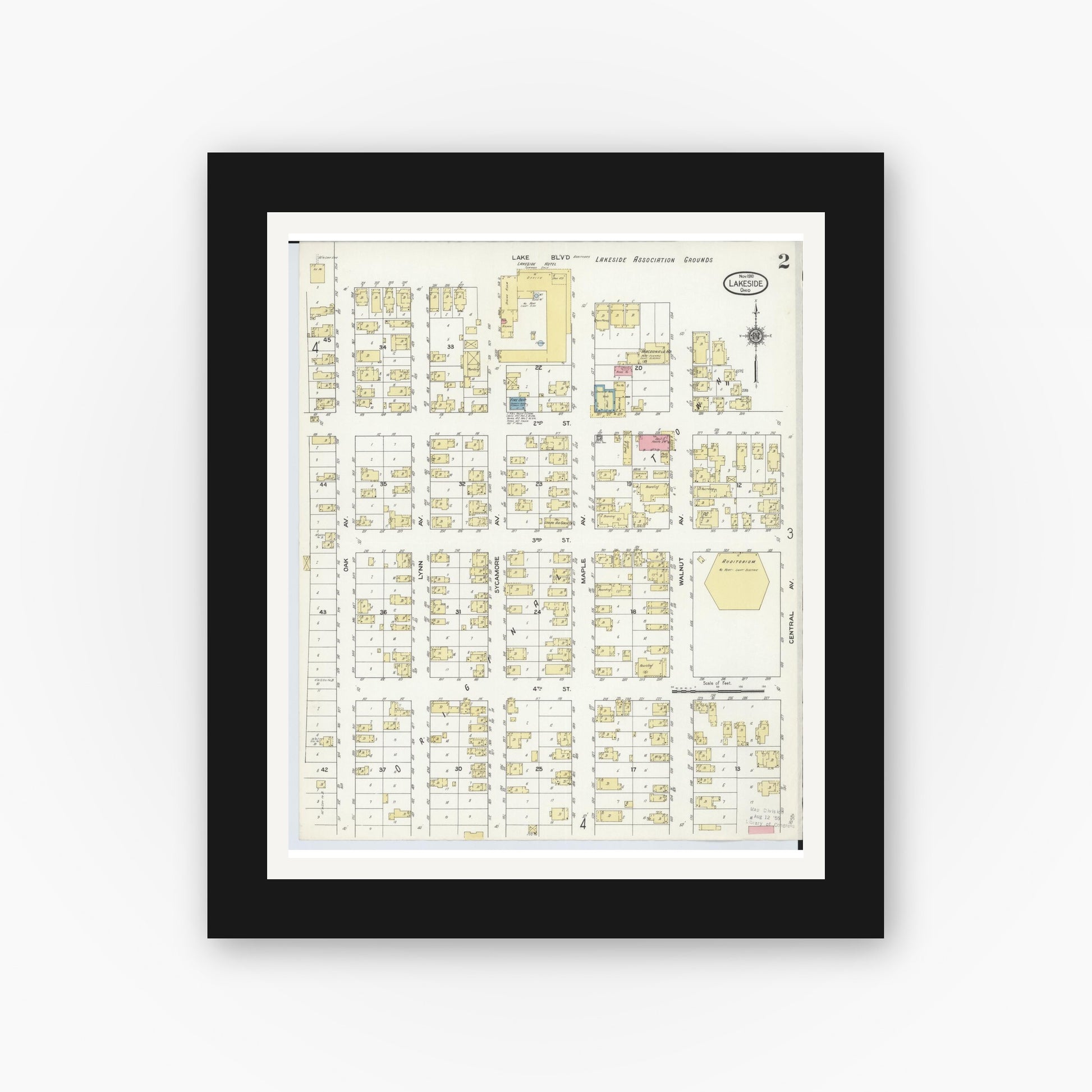 Old map wall art mockup — black gallery frame with white mat — Sanborn Fire Insurance Map from Lakeside, Ottawa County, Ohio (1910), Sheet #0002