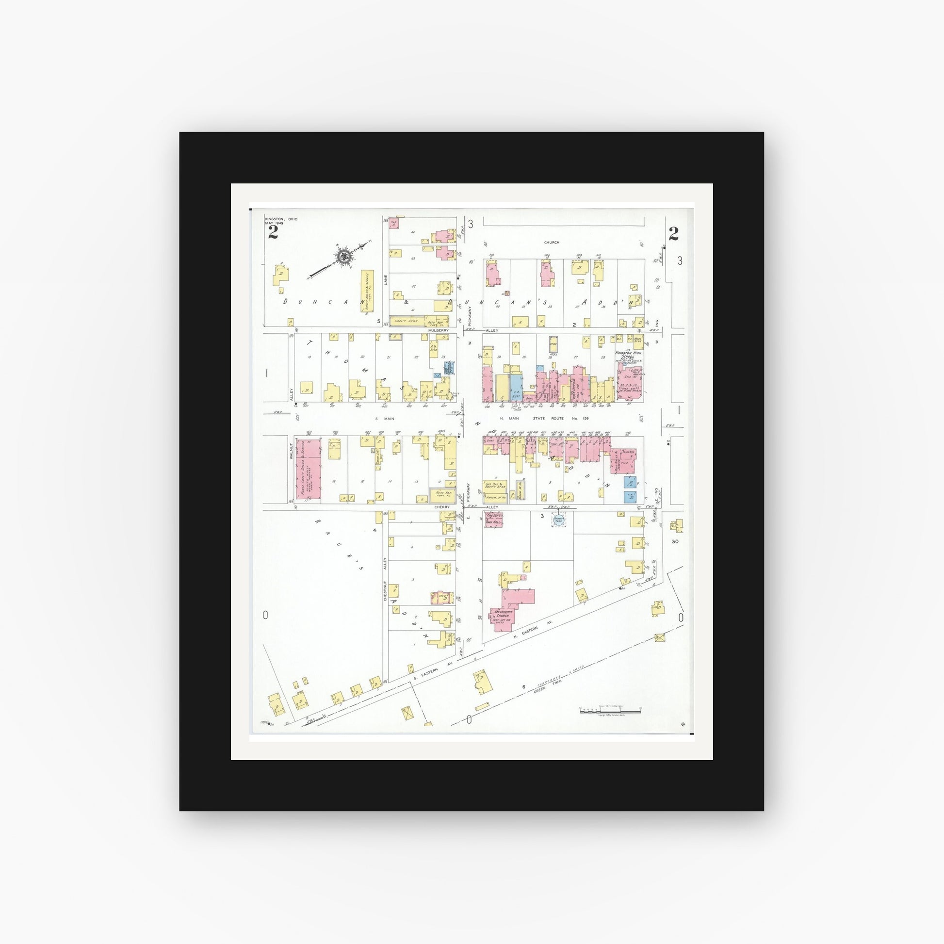 Old map wall art mockup — black gallery frame with white mat — Sanborn Fire Insurance Map from Kingston, Ross County, Ohio (1949), Sheet #0002
