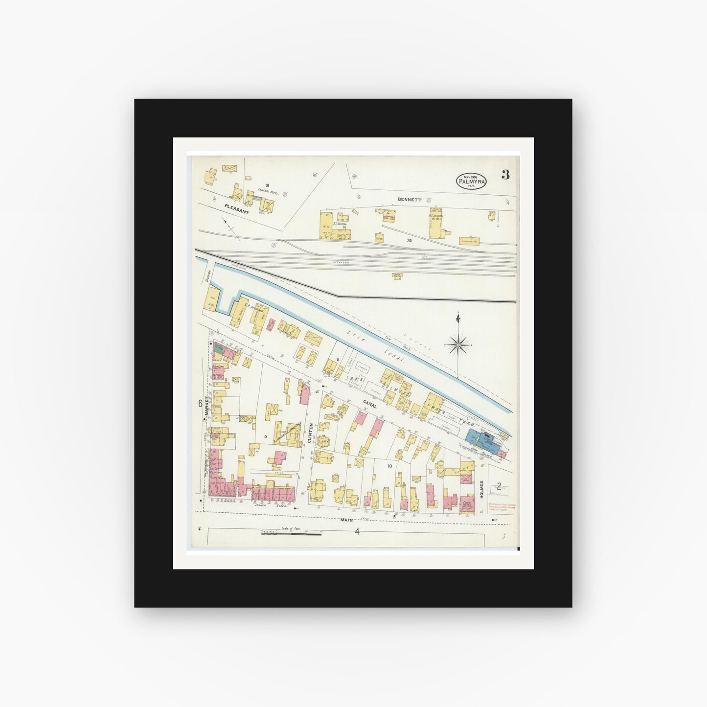 Old map wall art mockup — black gallery frame with white mat — Sanborn Fire Insurance Map from Palmyra, Wayne County, New York (1906), Sheet #0003
