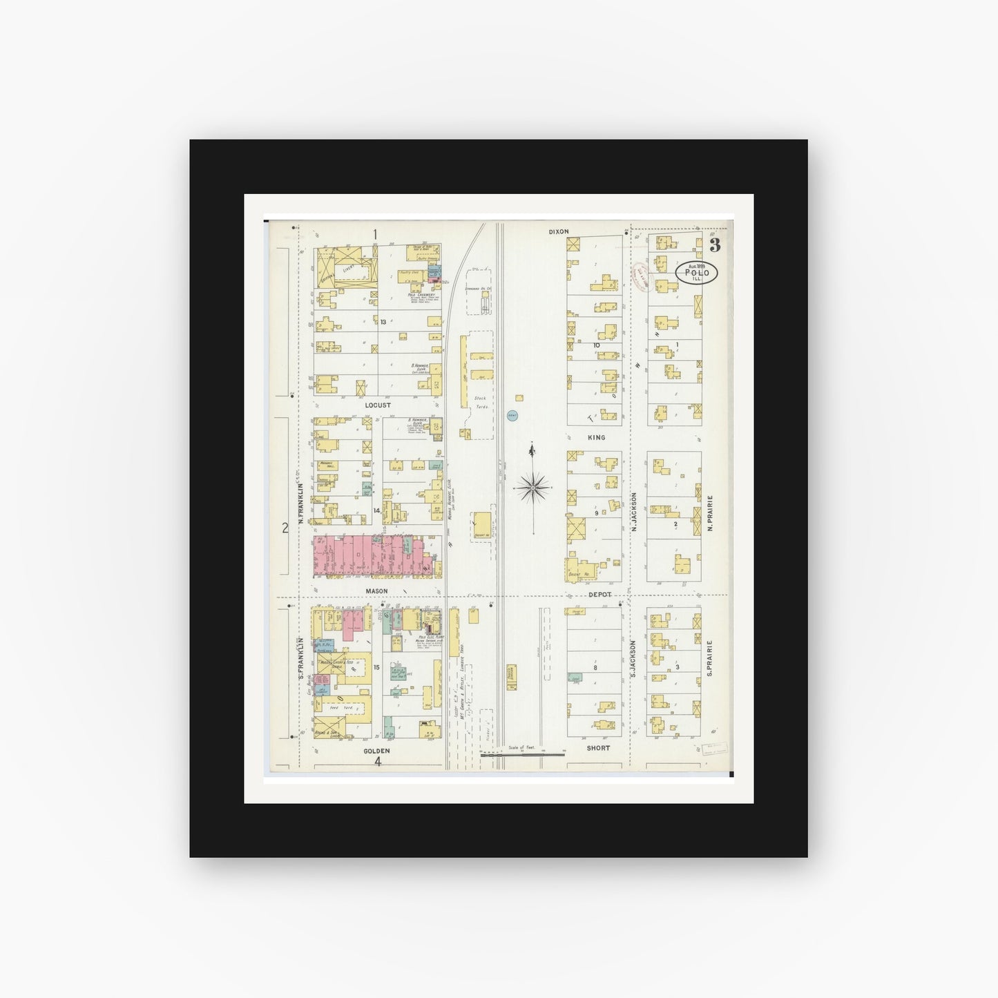 Old map wall art mockup — black gallery frame with white mat — Sanborn Fire Insurance Map from Polo, Ogle County, Illinois (1899), Sheet #0003