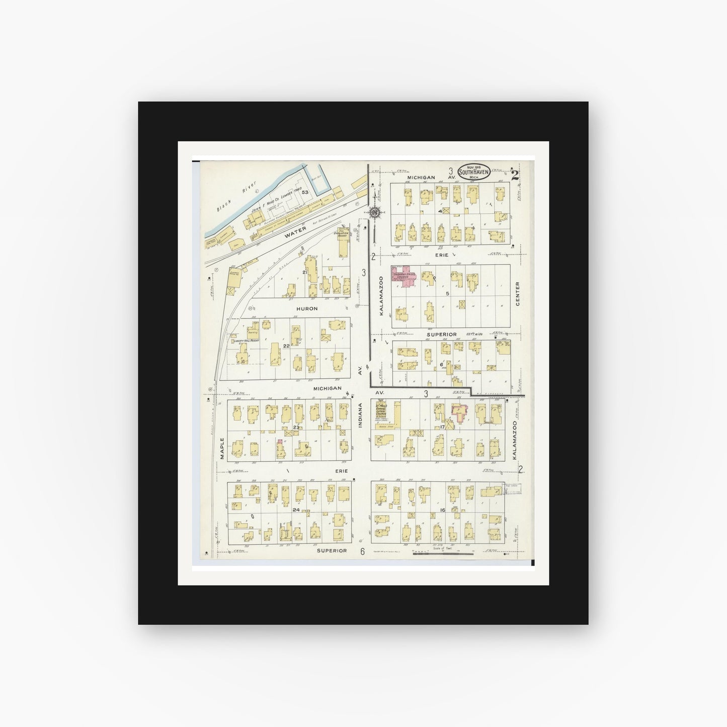 Old map wall art mockup — black gallery frame with white mat — Sanborn Fire Insurance Map from South Haven, Van Buren County, Michigan (1916), Sheet #0002