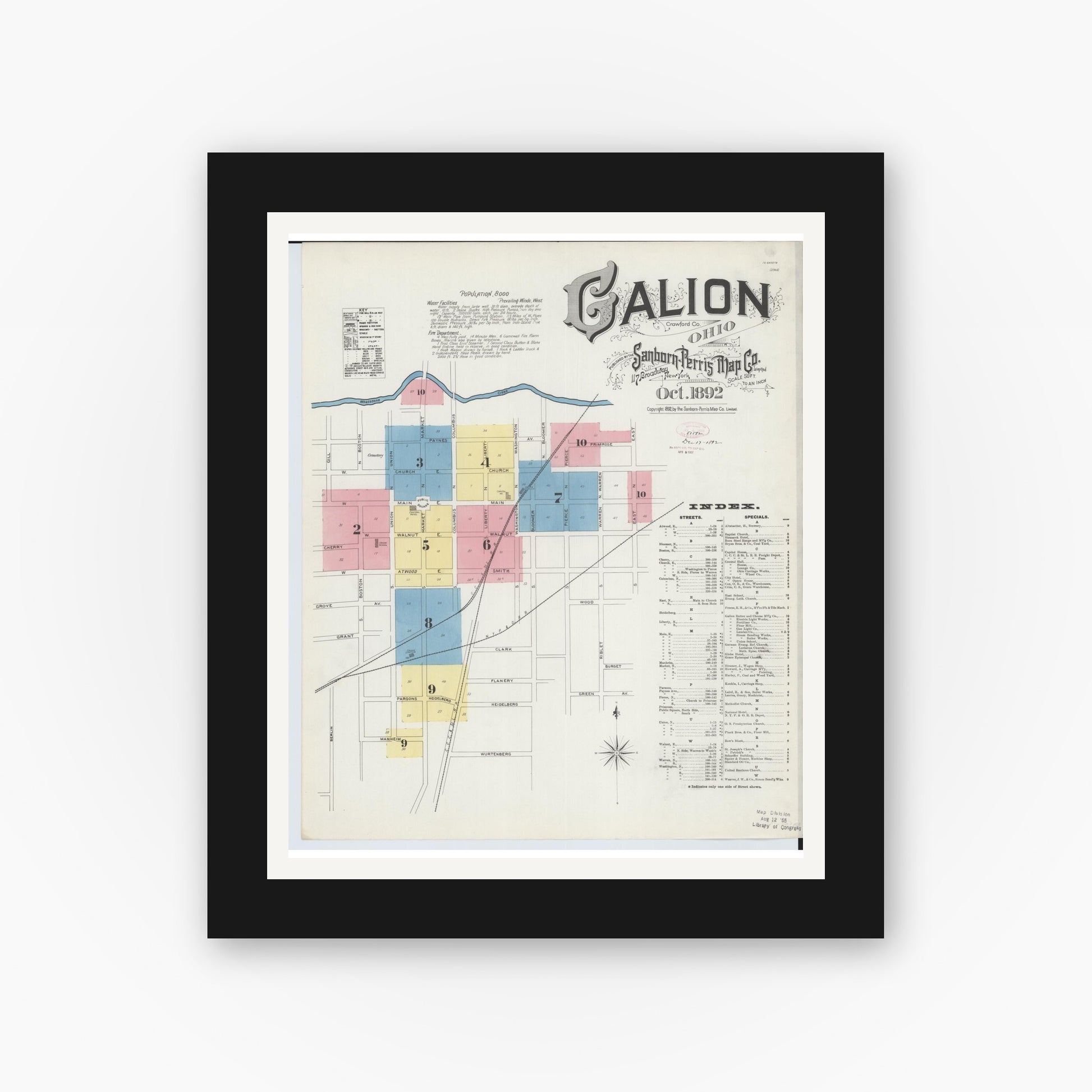 Old map wall art mockup — black gallery frame with white mat — Sanborn Fire Insurance Map from Galion, Crawford County, Ohio (1892), Sheet #0001