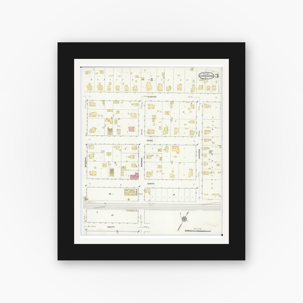 Old map wall art mockup — black gallery frame with white mat — Sanborn Fire Insurance Map from Cerro Gordo, Piatt County, Illinois (1915), Sheet #0003