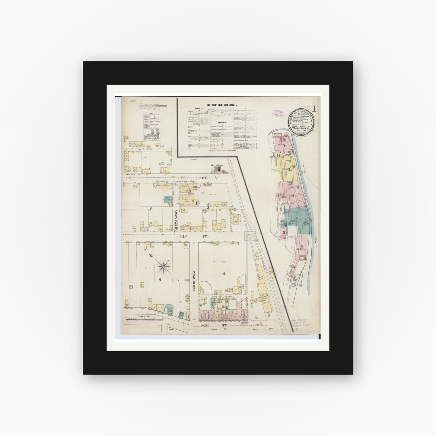 Old map wall art mockup — black gallery frame with white mat — Sanborn Fire Insurance Map from Wellsville, Columbiana County, Ohio (1887), Sheet #0001