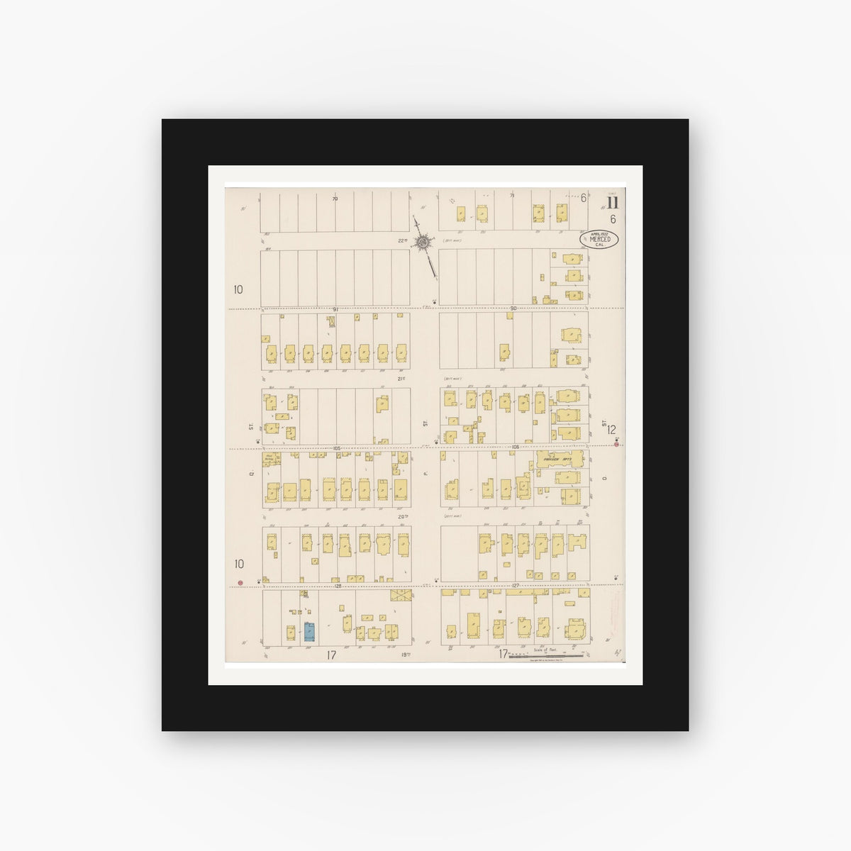 Old map wall art mockup — black gallery frame with white mat — Sanborn Fire Insurance Map from Merced, Merced County, California (1922), Sheet #0011