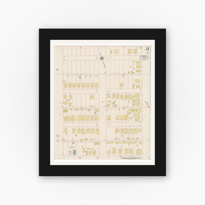 Old map wall art mockup — black gallery frame with white mat — Sanborn Fire Insurance Map from Merced, Merced County, California (1922), Sheet #0011