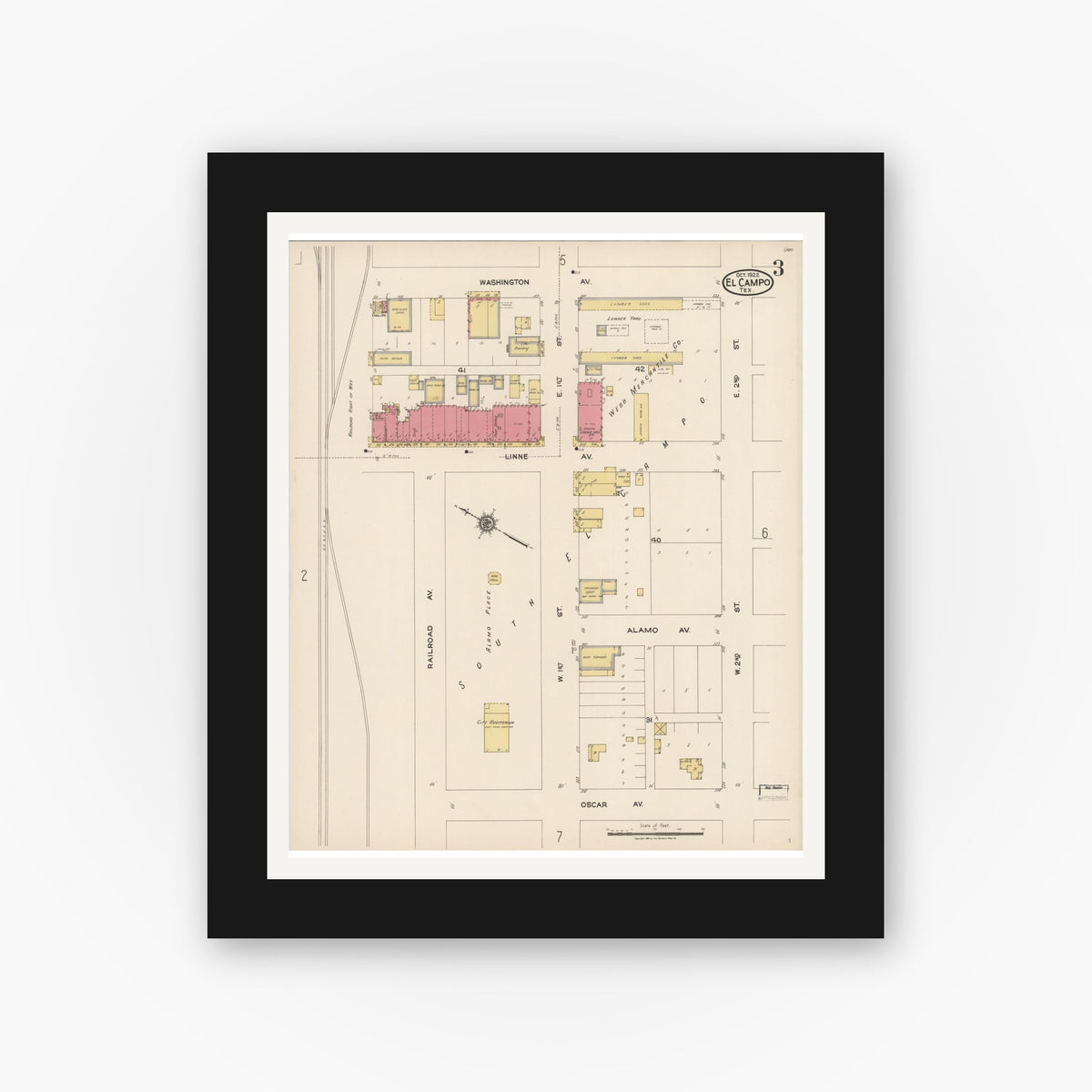 Old map wall art mockup — black gallery frame with white mat — Sanborn Fire Insurance Map from El Campo, Wharton County, Texas (1922), Sheet #0003