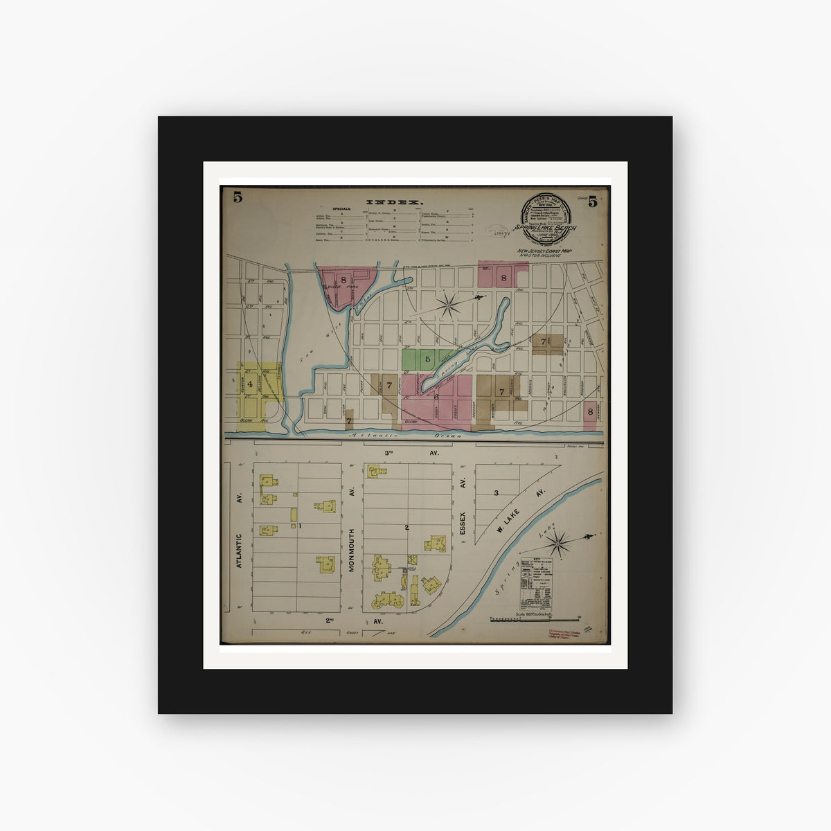 Old map wall art mockup — black gallery frame with white mat — Sanborn Fire Insurance Map from New Jersey Coast, New Jersey Coast, New Jersey (1890), Sheet #0005