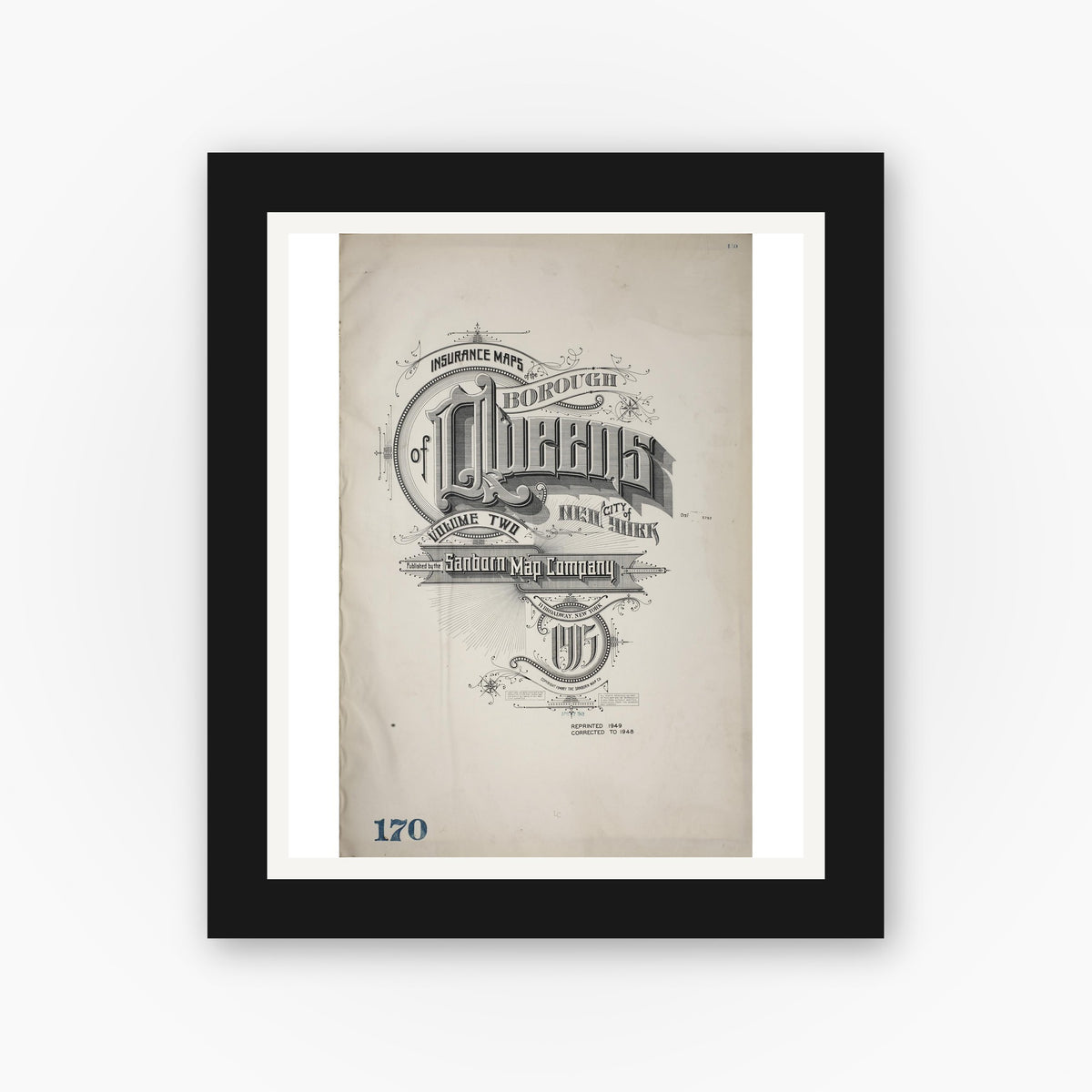 Old map wall art mockup — black gallery frame with white mat — Sanborn Fire Insurance Map from Queens, Queens County, New York (1948), Sheet #0001