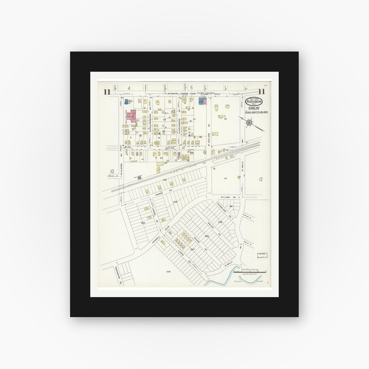 Old map wall art mockup — black gallery frame with white mat — Sanborn Fire Insurance Map from Audubon, Camden County, New Jersey (1924), Sheet #0011