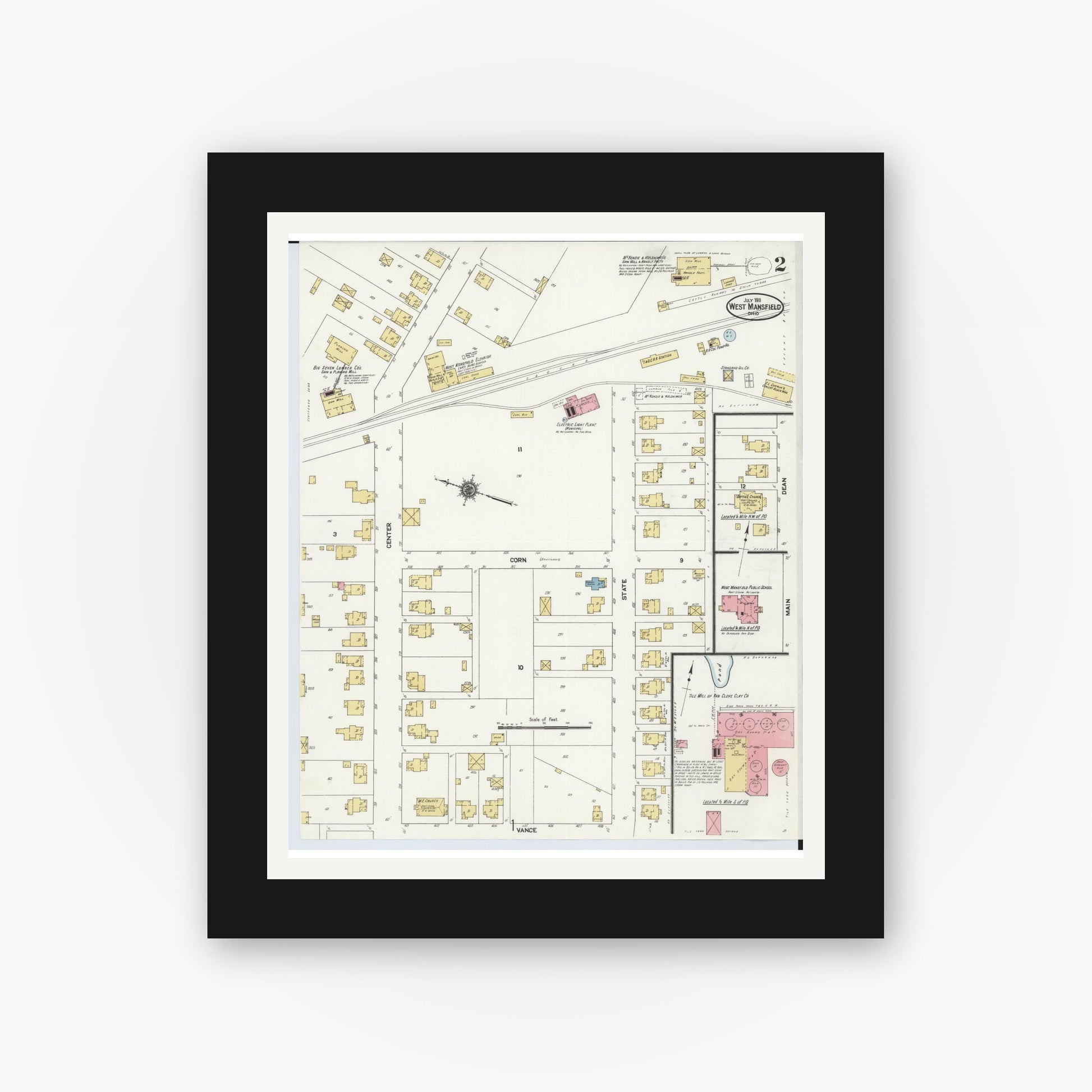 Old map wall art mockup — black gallery frame with white mat — Sanborn Fire Insurance Map from West Mansfield, Logan County, Ohio (1911), Sheet #0002