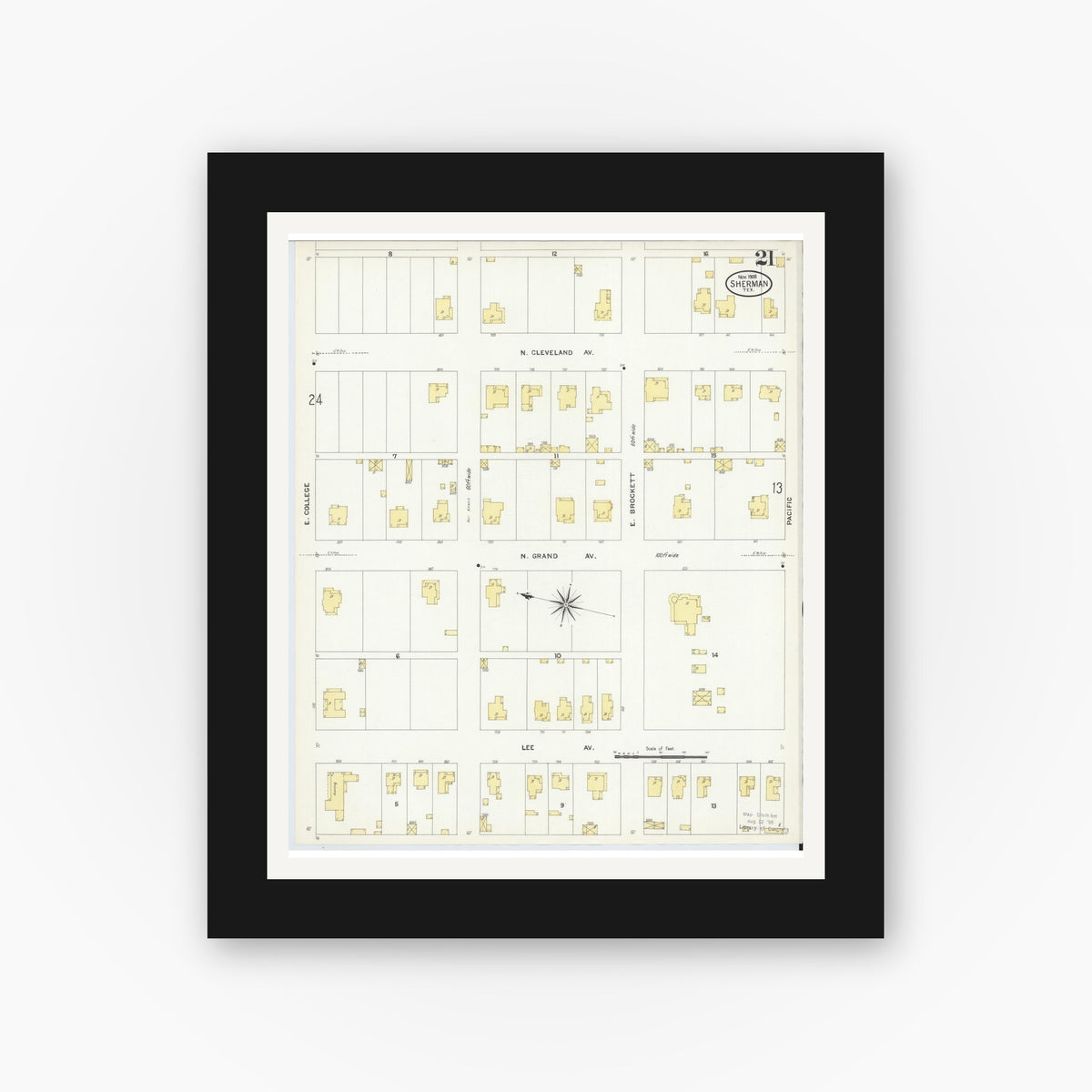 Old map wall art mockup — black gallery frame with white mat — Sanborn Fire Insurance Map from Sherman, Grayson County, Texas (1908), Sheet #0021