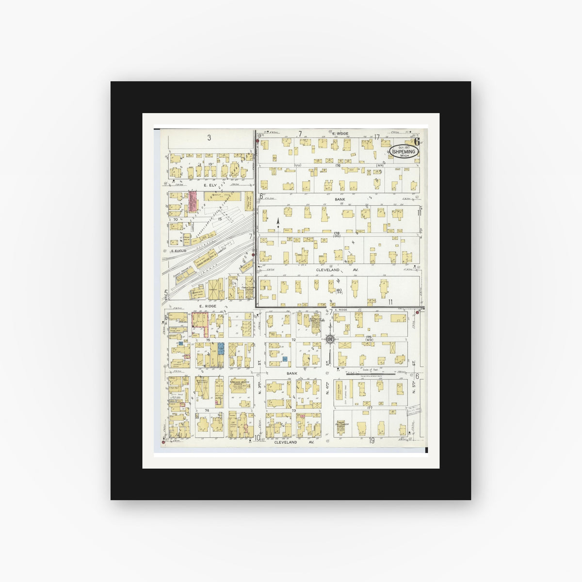 Old map wall art mockup — black gallery frame with white mat — Sanborn Fire Insurance Map from Ishpeming, Marquette County, Michigan (1917), Sheet #0006