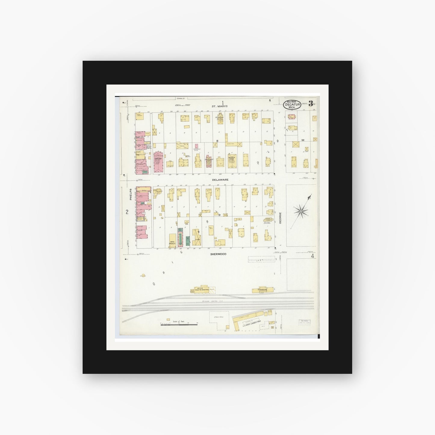 Old map wall art mockup — black gallery frame with white mat — Sanborn Fire Insurance Map from Decatur, Van Buren County, Michigan (1908), Sheet #0003