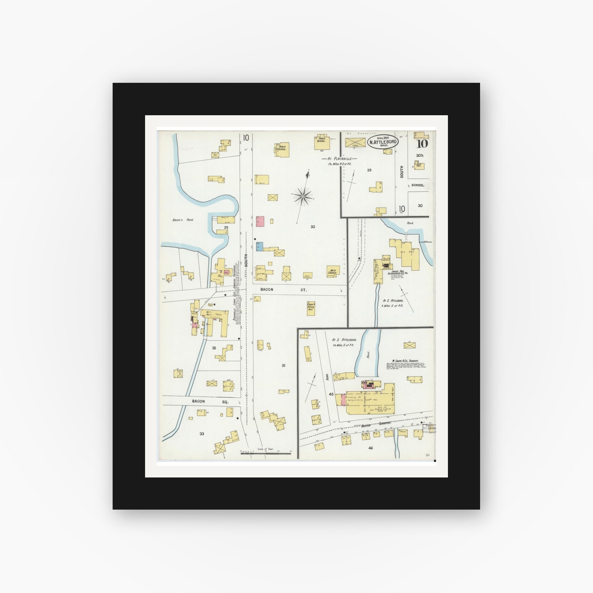 Old map wall art mockup — black gallery frame with white mat — Sanborn Fire Insurance Map from North Attleborough, Bristol County, Massachusetts (1899), Sheet #0010