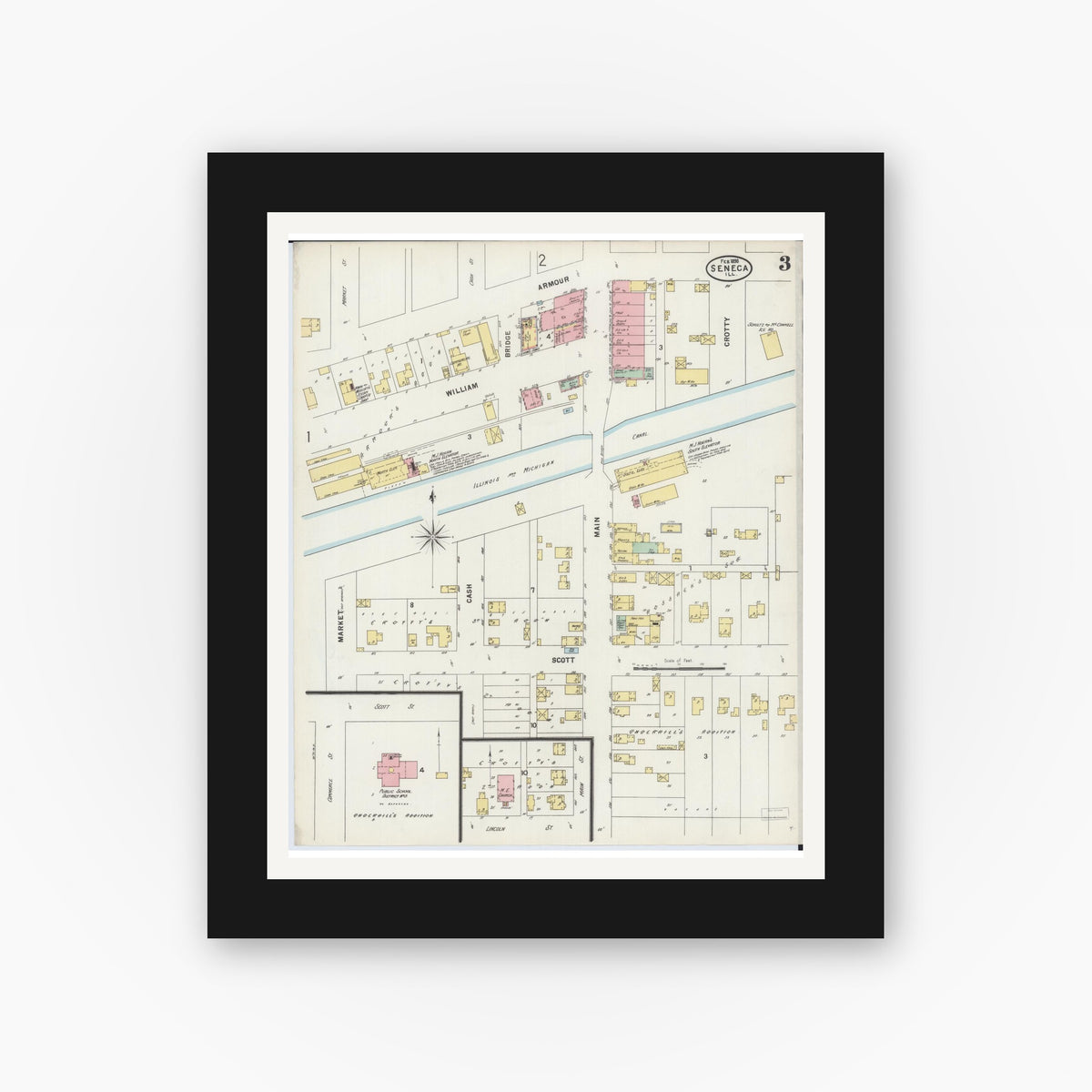 Old map wall art mockup — black gallery frame with white mat — Sanborn Fire Insurance Map from Seneca, La Salle County, Illinois (1898), Sheet #0003