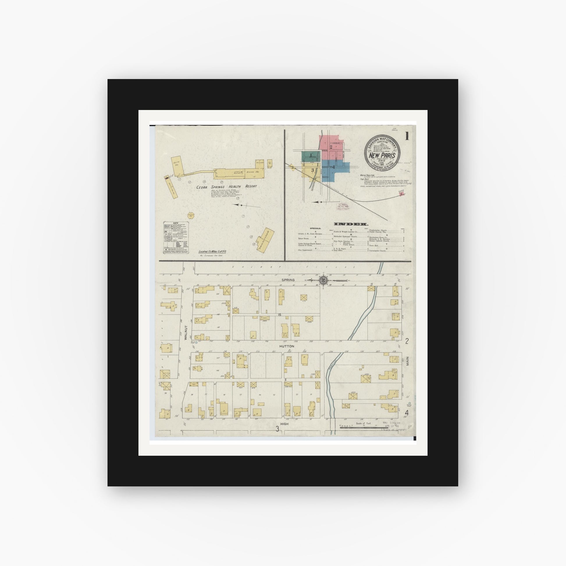 Old map wall art mockup — black gallery frame with white mat — Sanborn Fire Insurance Map from New Paris, Preble County, Ohio (1911) - Complete Map Set