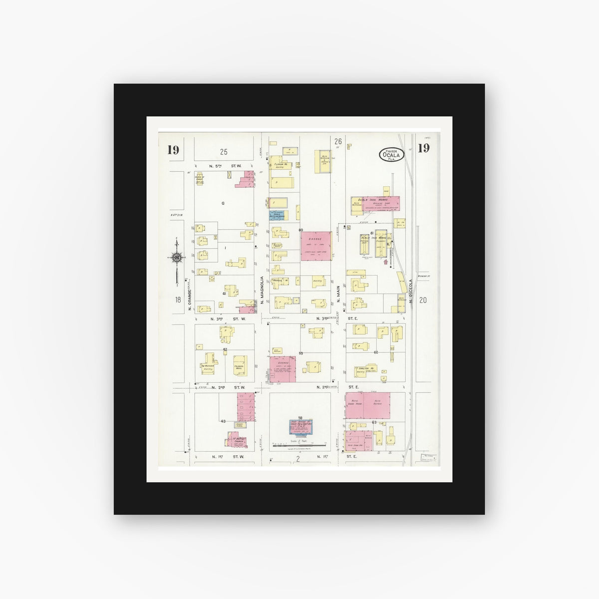 Old map wall art mockup — black gallery frame with white mat — Sanborn Fire Insurance Map from Ocala, Marion County, Florida (1924), Sheet #0019