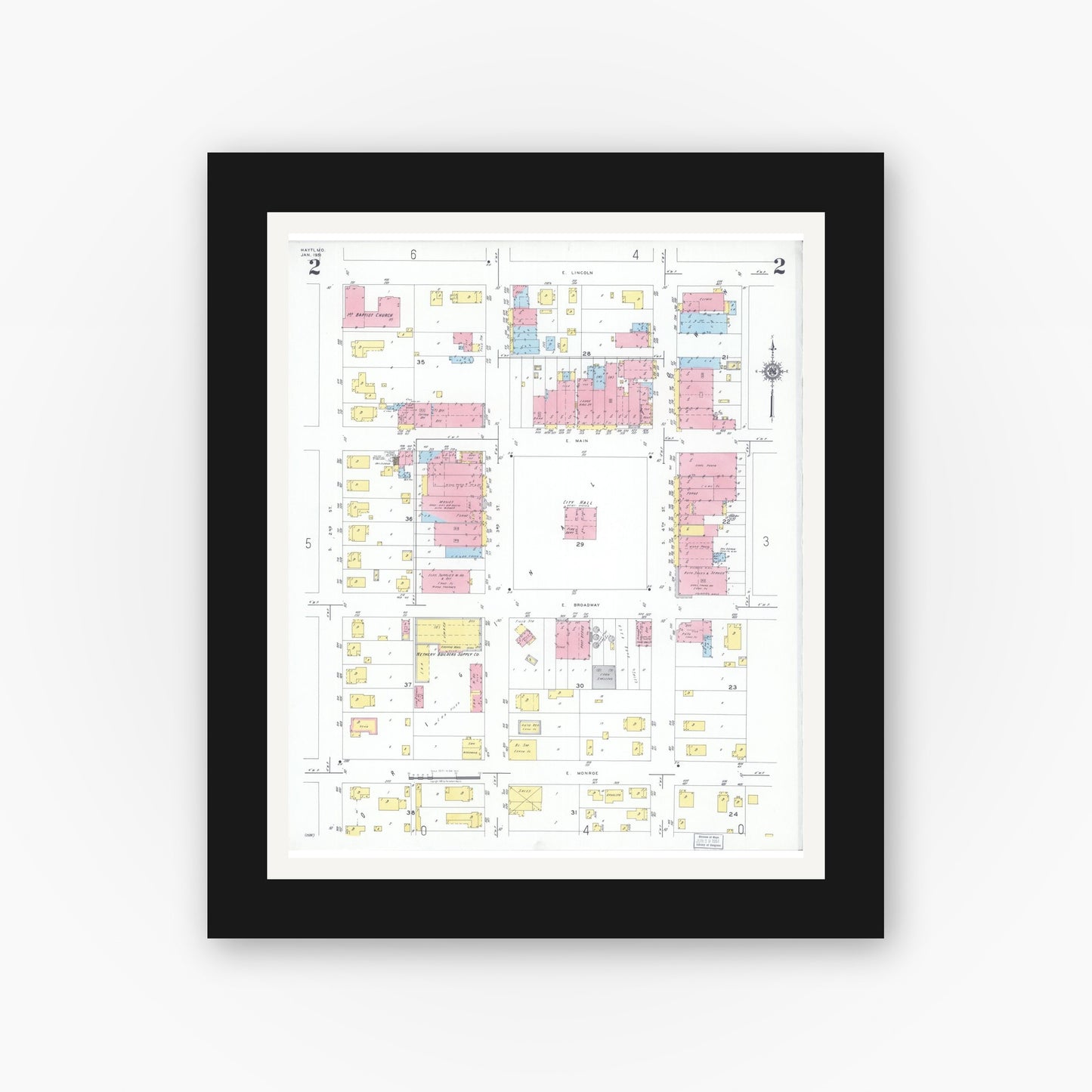 Old map wall art mockup — black gallery frame with white mat — Sanborn Fire Insurance Map from Hayti, Pemiscot County, Missouri (1951), Sheet #0002