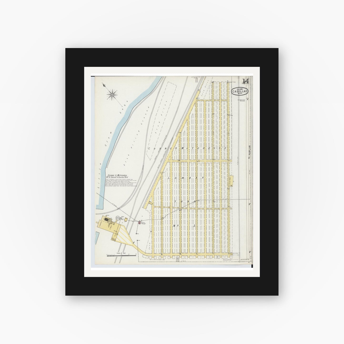 Old map wall art mockup — black gallery frame with white mat — Sanborn Fire Insurance Map from Cadillac, Wexford County, Michigan (1895), Sheet #0014