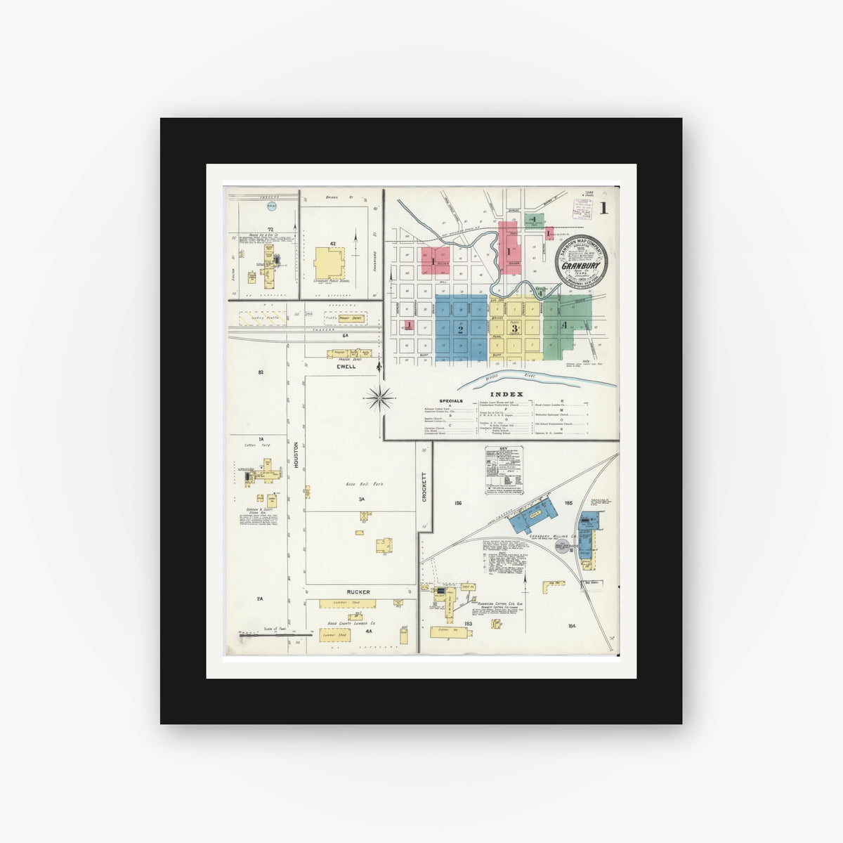 Old map wall art mockup — black gallery frame with white mat — Sanborn Fire Insurance Map from Granbury, Hood County, Texas (1905), Sheet #0001