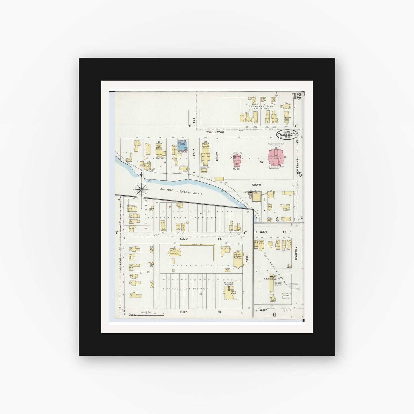 Old map wall art mockup — black gallery frame with white mat — Sanborn Fire Insurance Map from Traverse City, Grand Traverse County, Michigan (1899), Sheet #0012