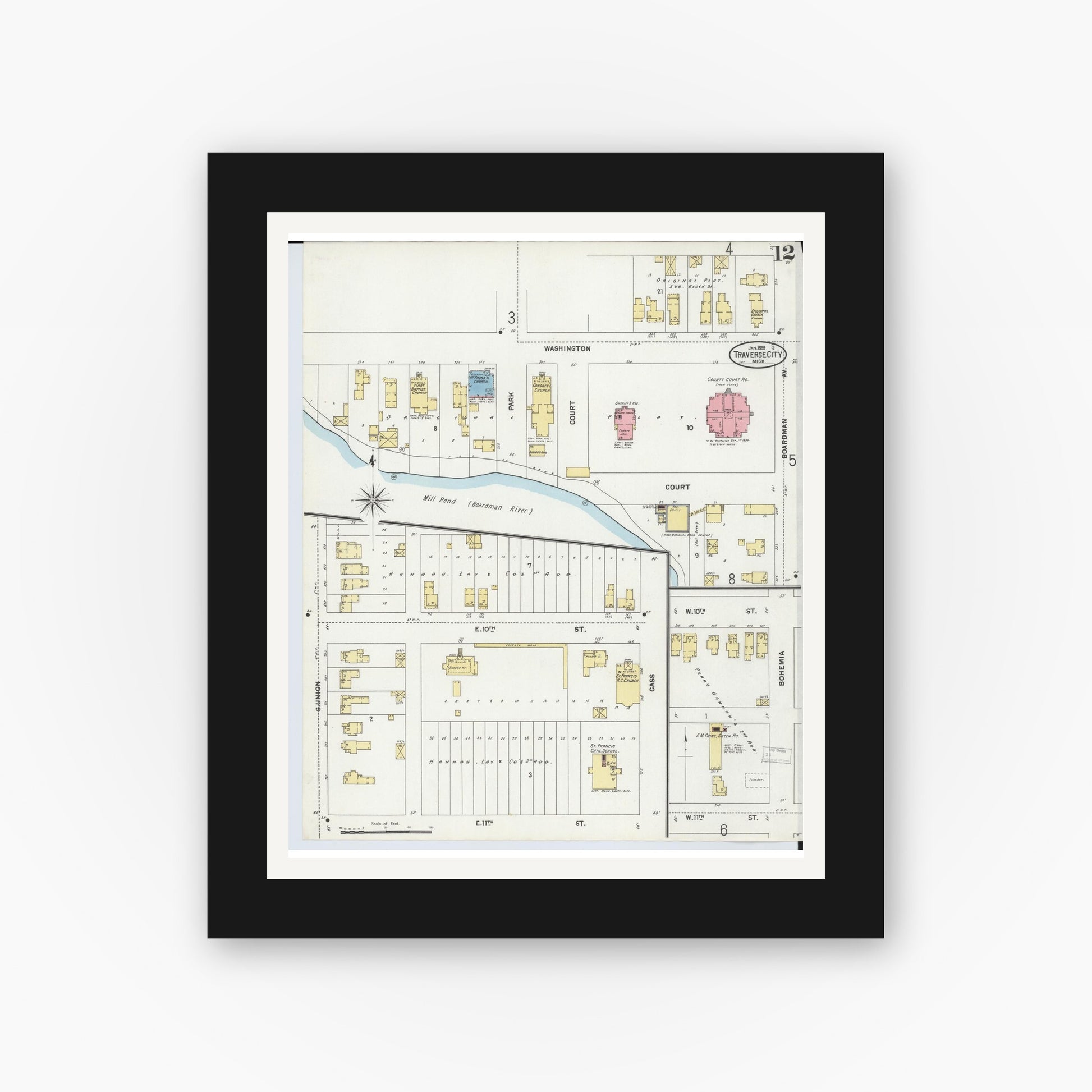 Old map wall art mockup — black gallery frame with white mat — Sanborn Fire Insurance Map from Traverse City, Grand Traverse County, Michigan (1899), Sheet #0012