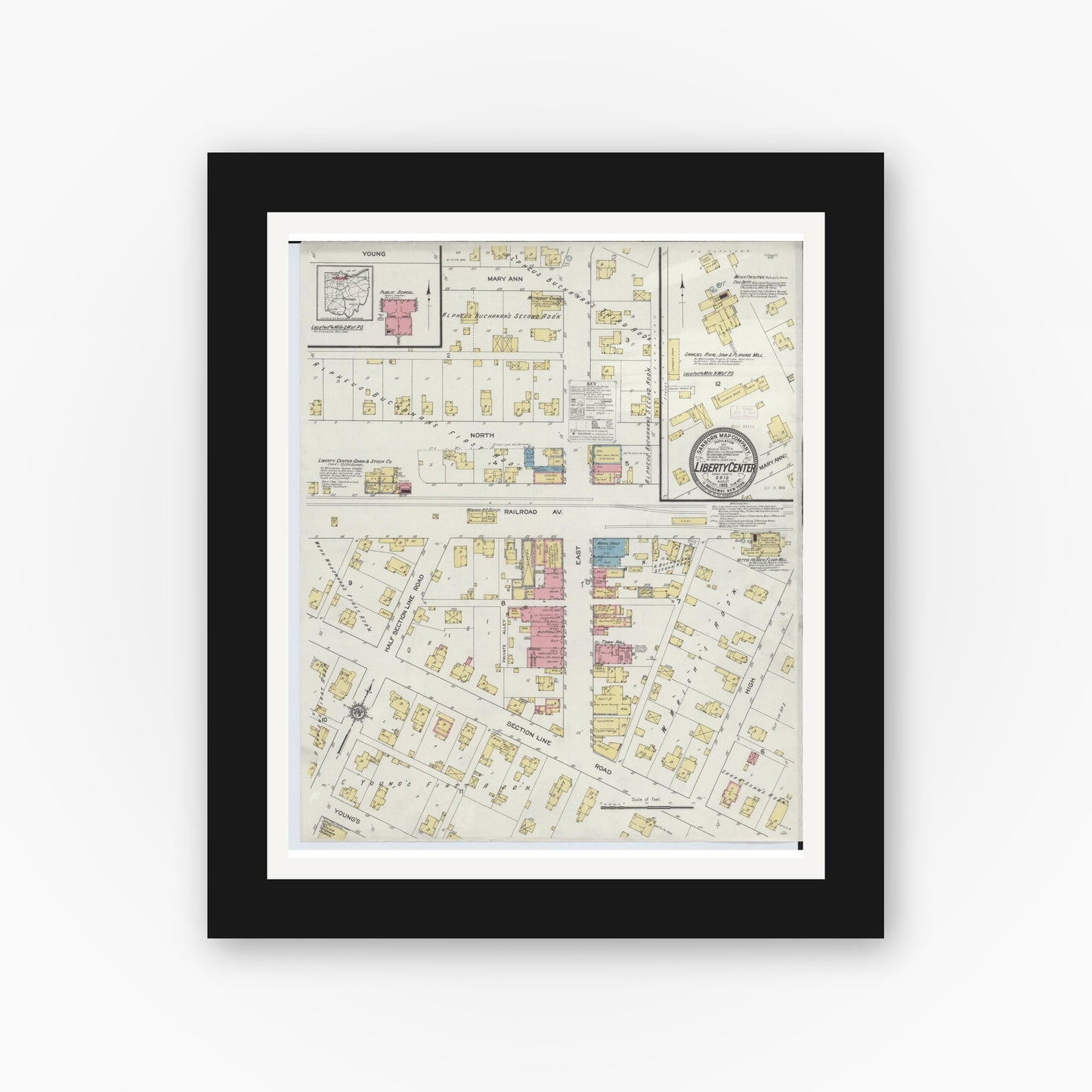 Old map wall art mockup — black gallery frame with white mat — Sanborn Fire Insurance Map from Liberty Center, Henry County, Ohio (1913), Sheet #0001