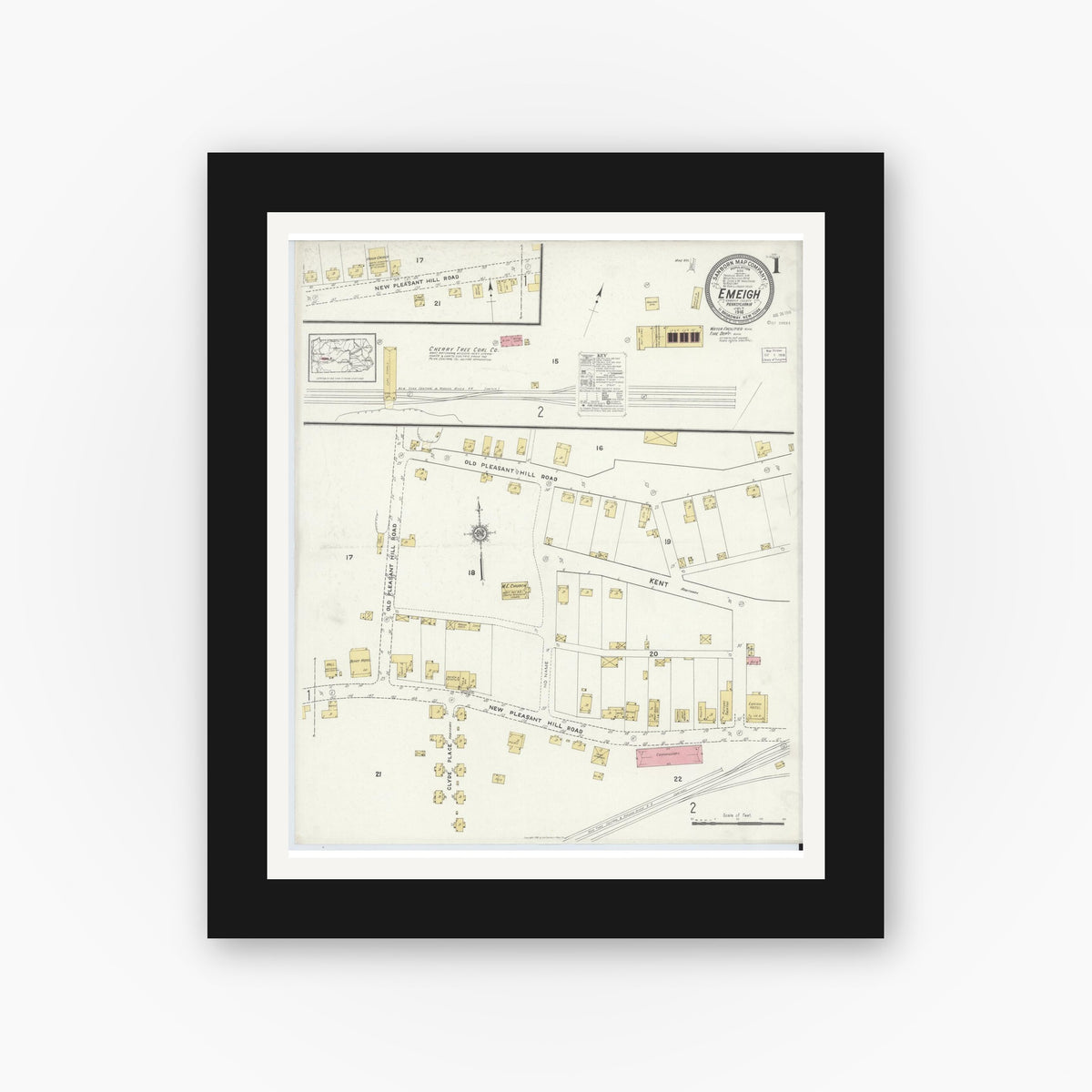 Old map wall art mockup — black gallery frame with white mat — Sanborn Fire Insurance Map from Emeigh, Cambria County, Pennsylvania (1916), Sheet #0001