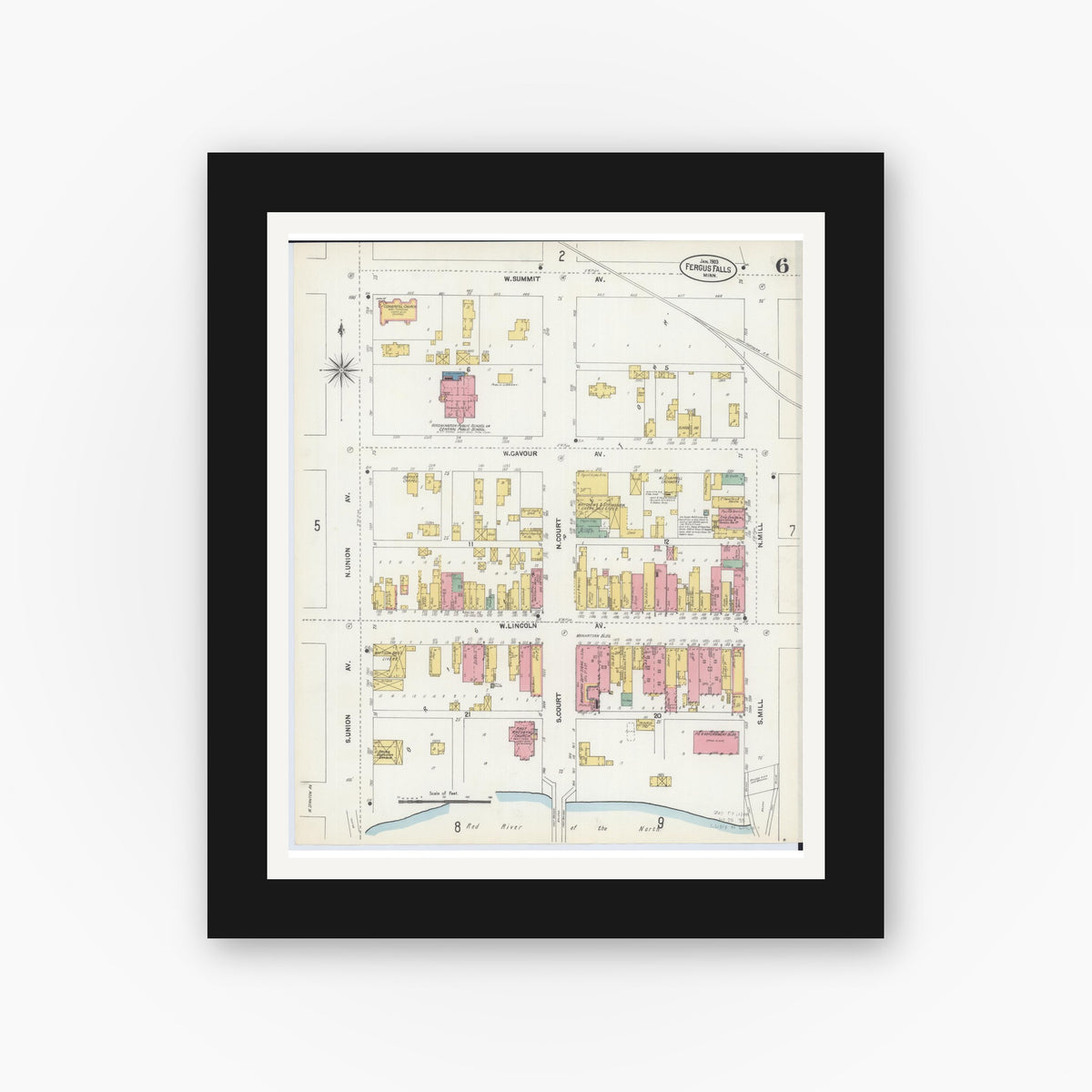 Old map wall art mockup — black gallery frame with white mat — Sanborn Fire Insurance Map from Fergus Falls, Otter Tail County, Minnesota (1903), Sheet #0006
