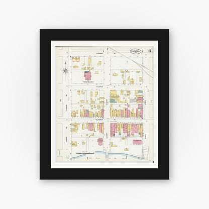 Old map wall art mockup — black gallery frame with white mat — Sanborn Fire Insurance Map from Fergus Falls, Otter Tail County, Minnesota (1903), Sheet #0006