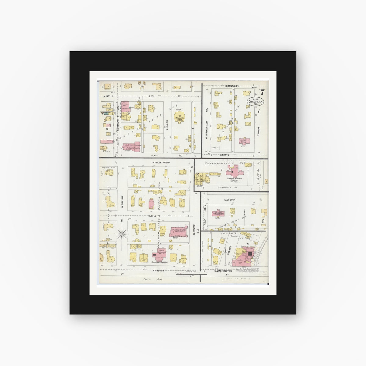 Old map wall art mockup — black gallery frame with white mat — Sanborn Fire Insurance Map from Champaign, Champaign County, Illinois (1902), Sheet #0007