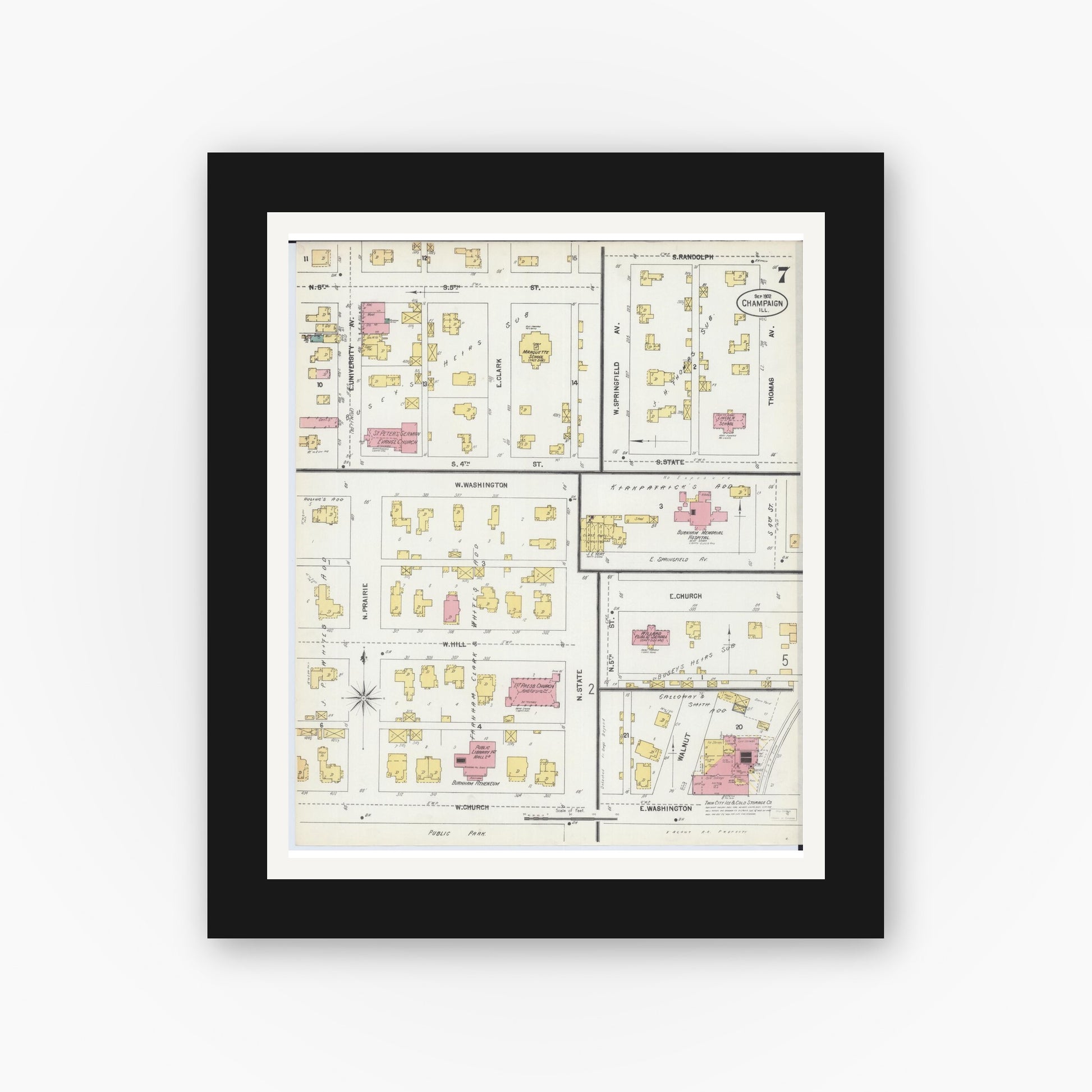 Old map wall art mockup — black gallery frame with white mat — Sanborn Fire Insurance Map from Champaign, Champaign County, Illinois (1902), Sheet #0007